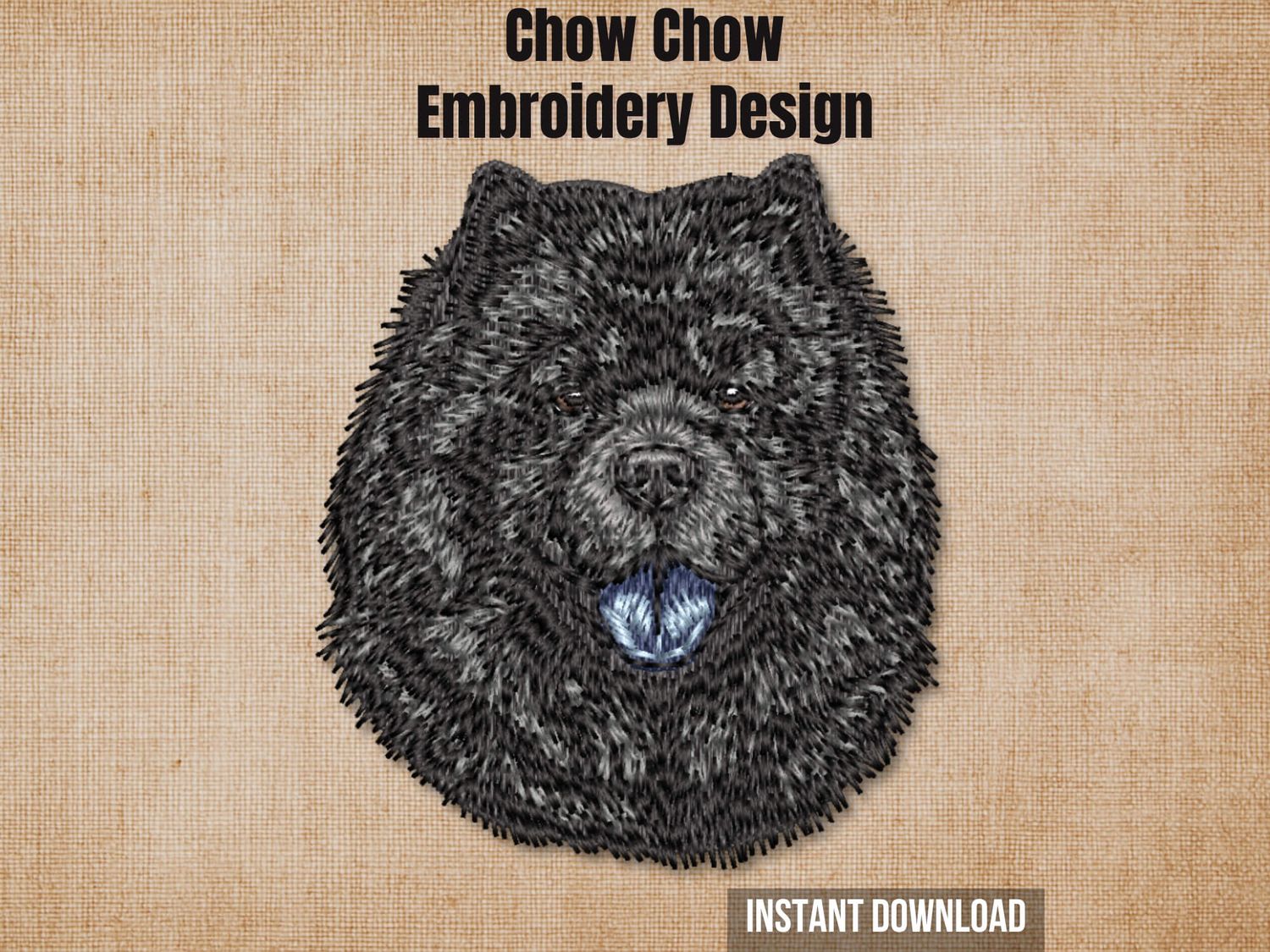 Cover graphic featuring a Black Chow Chow face embroidery on a textured burlap background.