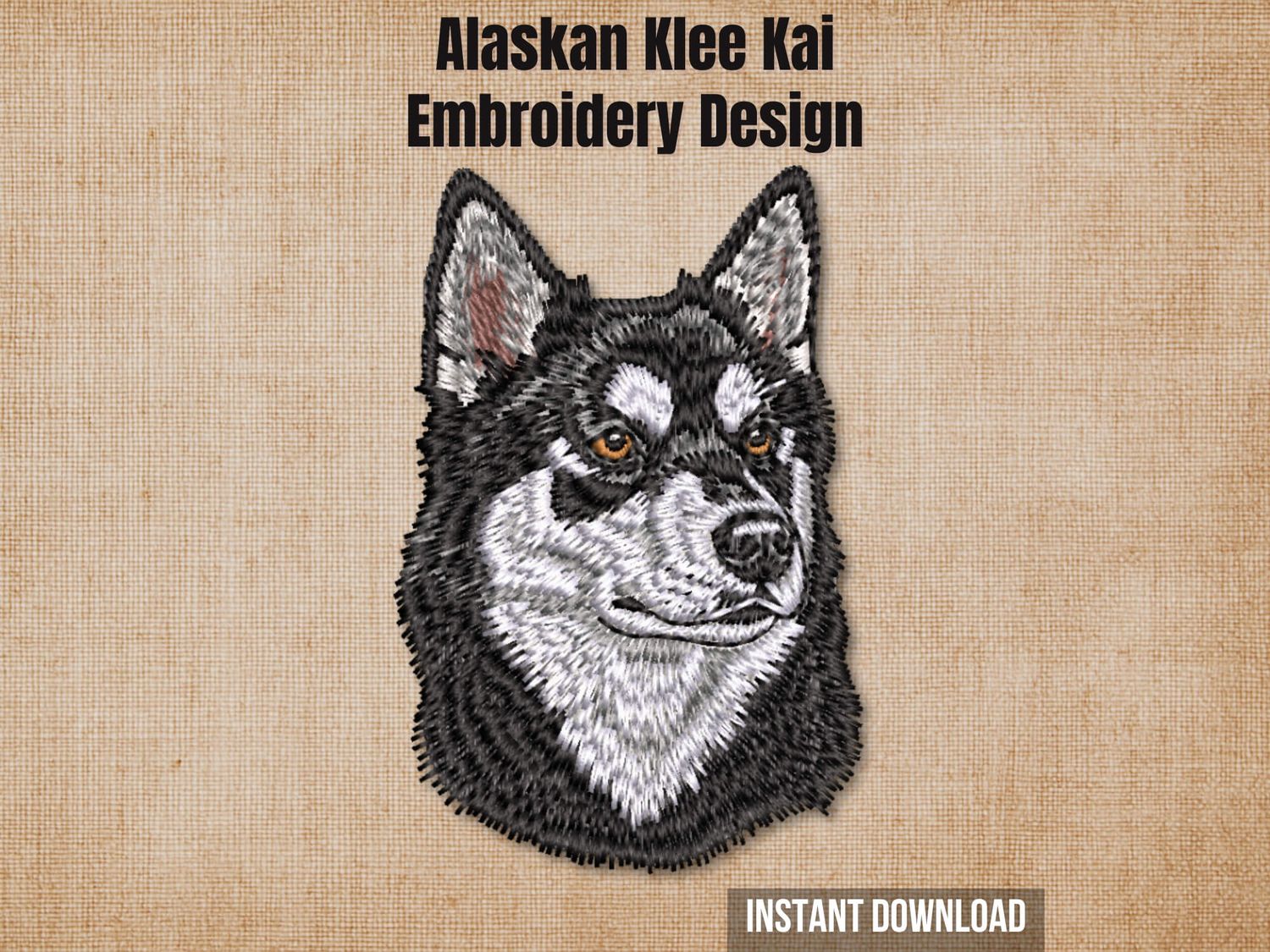 Graphic of an Alaskan Klee Kai embroidery design on tan fabric with 'Instant Download' text.