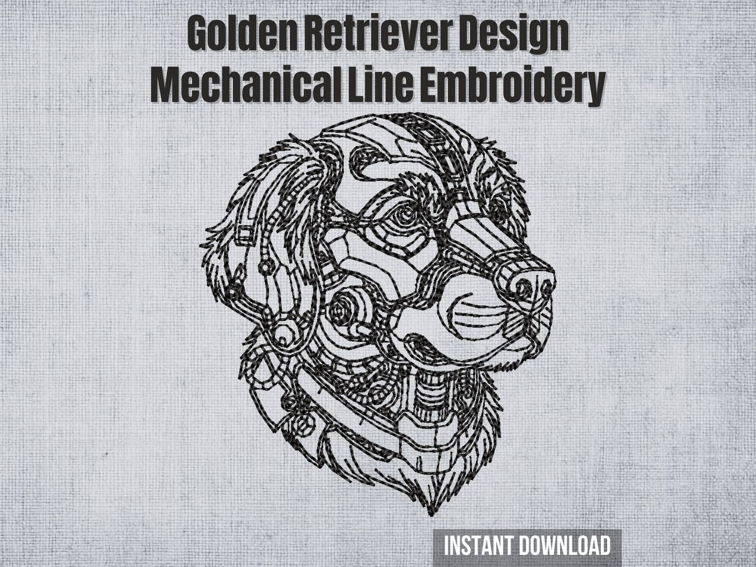 Embroidery of a Golden Retriever dog head in mechanical, robotic style with detailed linework on light grey fabric background