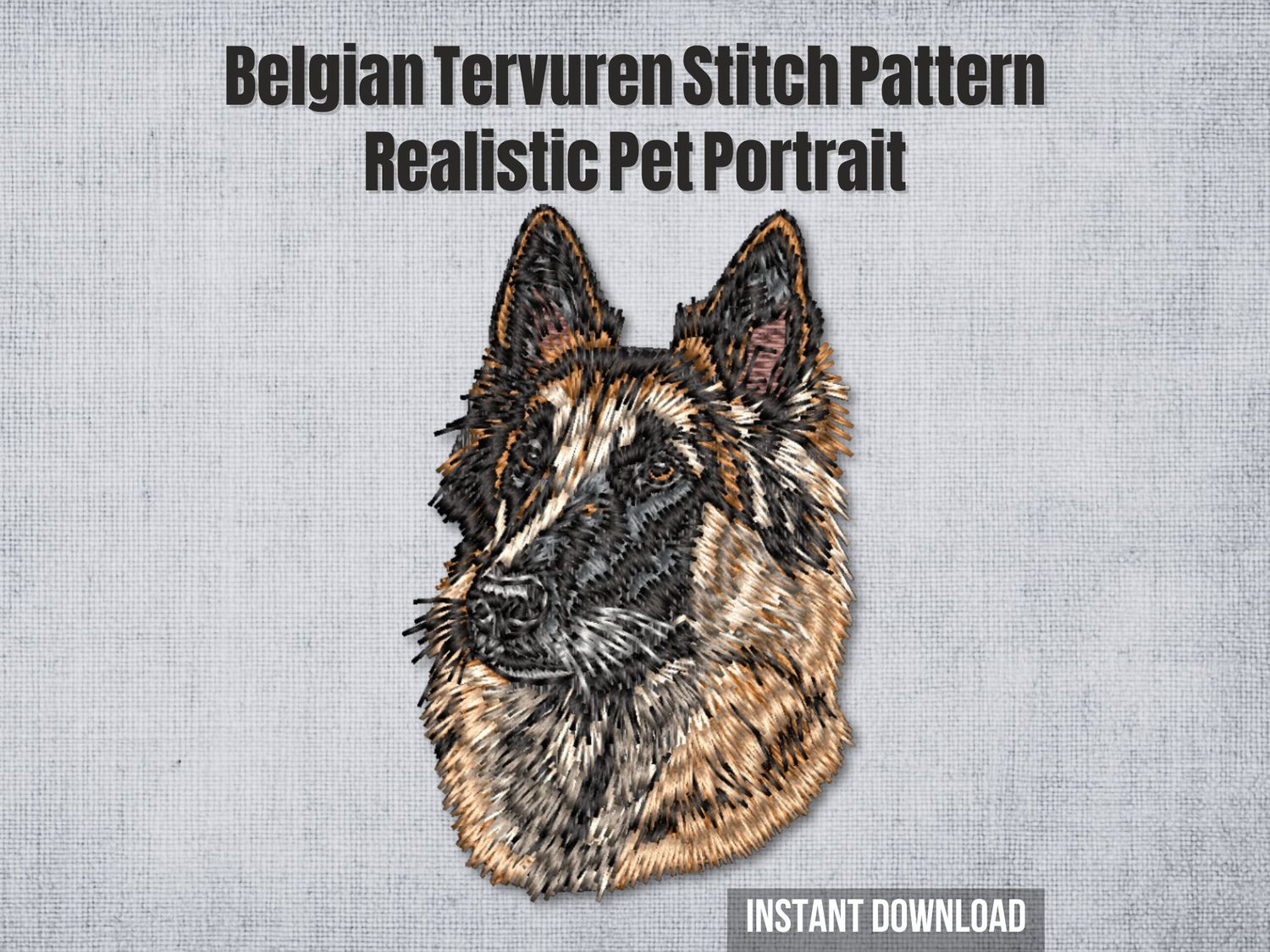 Black, tan, and cream thread embroidery of a Belgian Tervuren with alert eyes and long fur on a white fabric background.