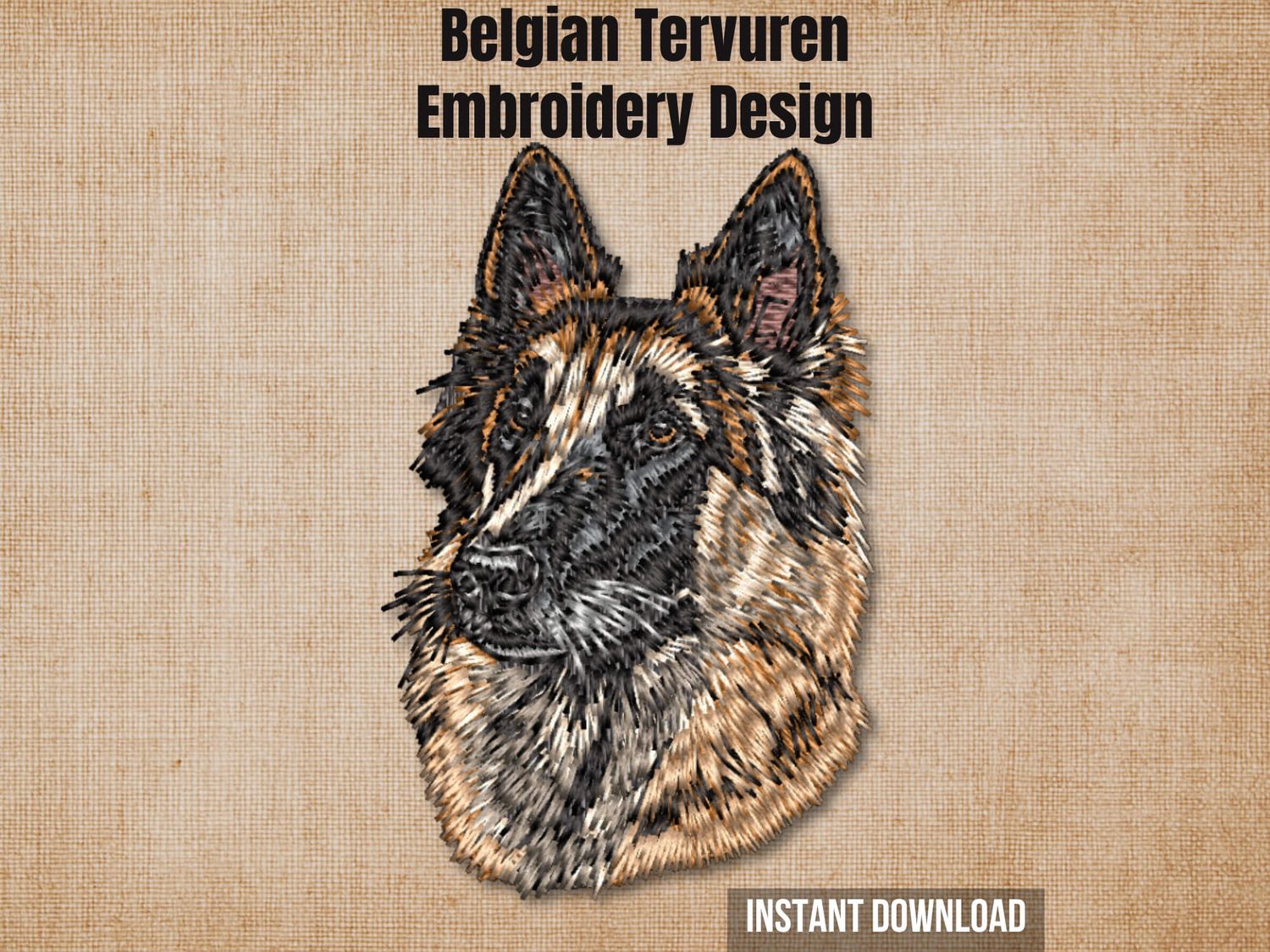 Cover graphic featuring a realistic Belgian Tervuren embroidery on a textured burlap background.