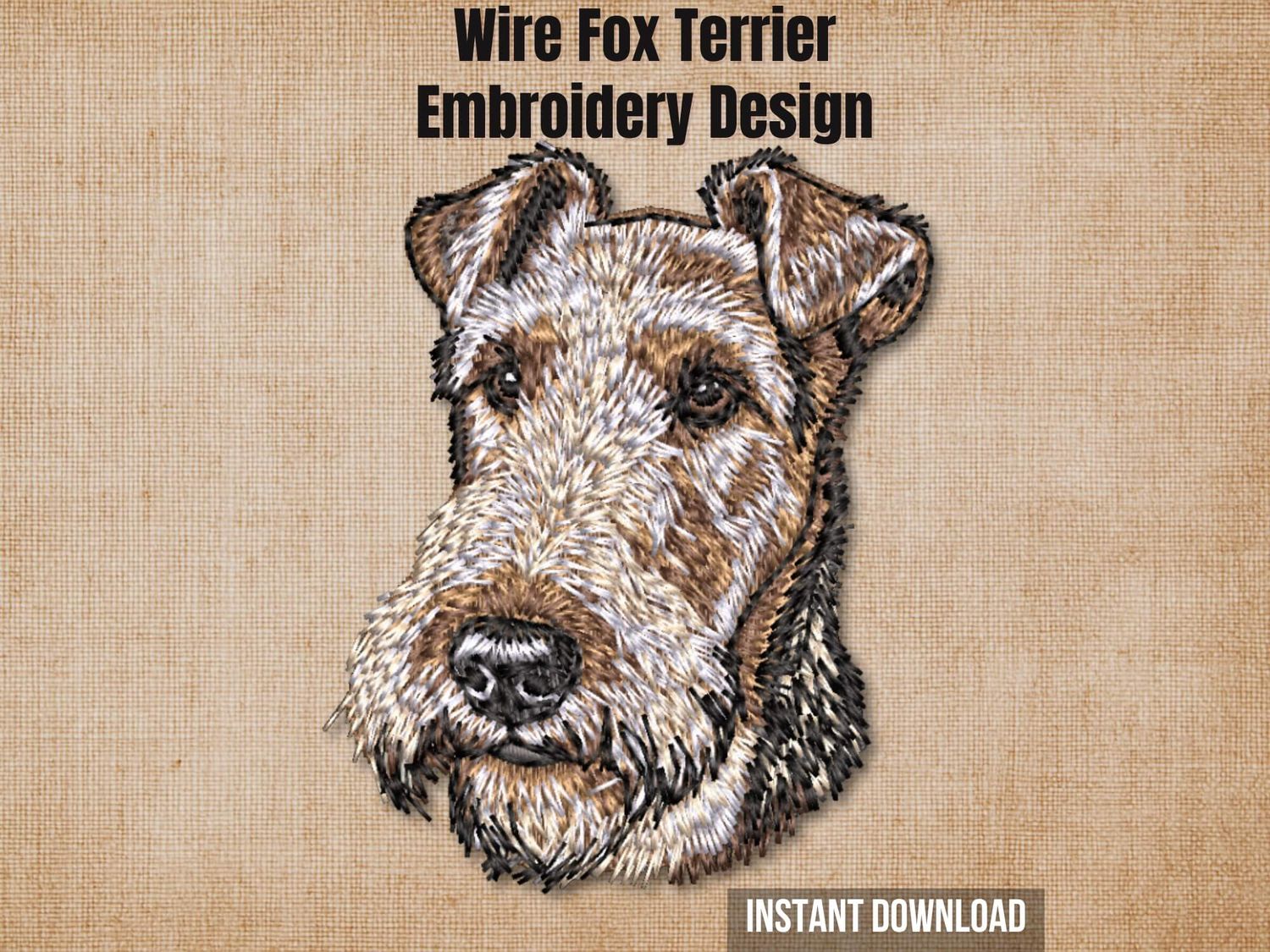 Textured natural burlap background highlighting the Wire Fox Terrier embroidery design with an instant download badge