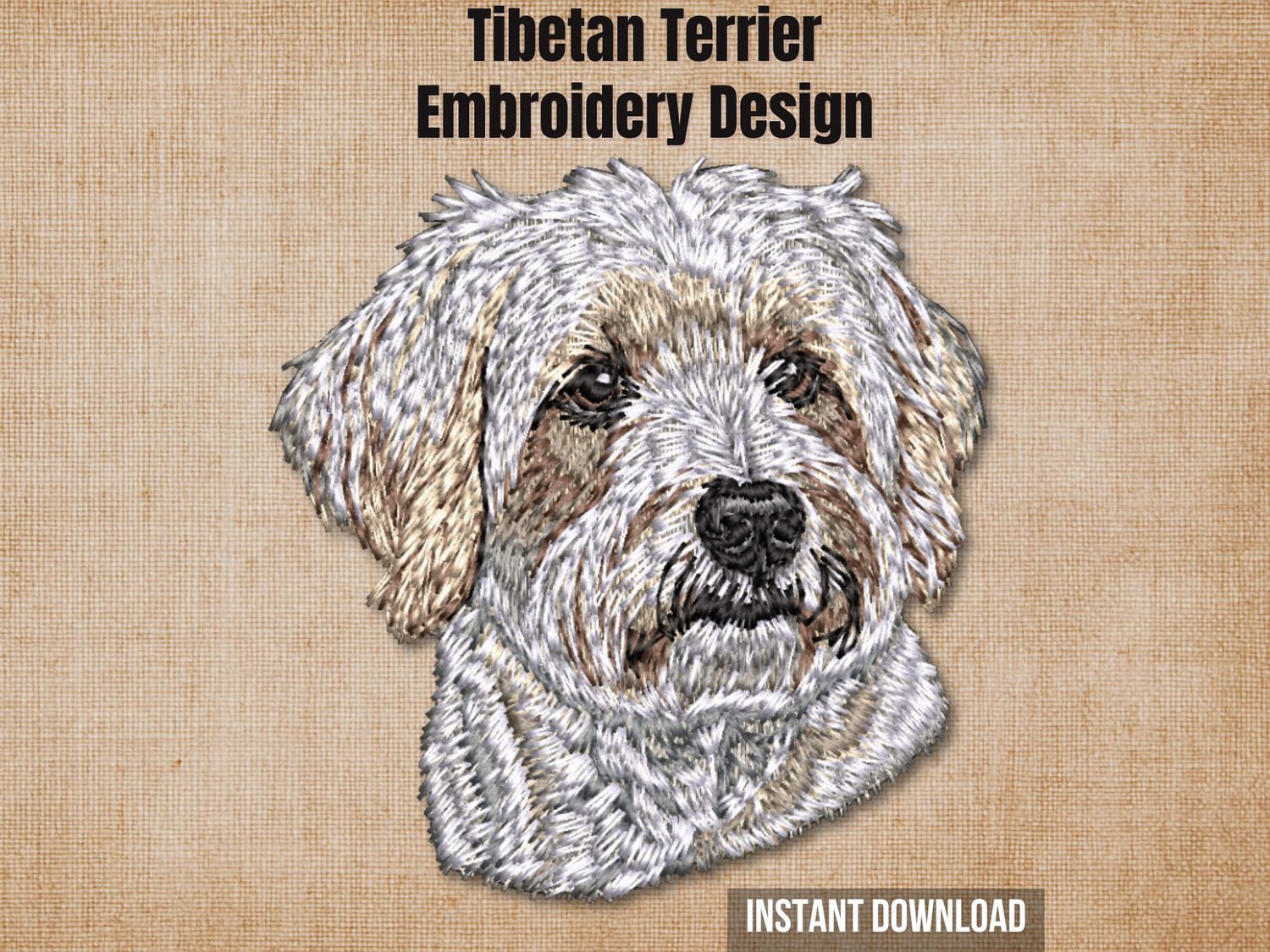 Cover graphic featuring a realistic Tibetan Terrier embroidery on a textured burlap background.