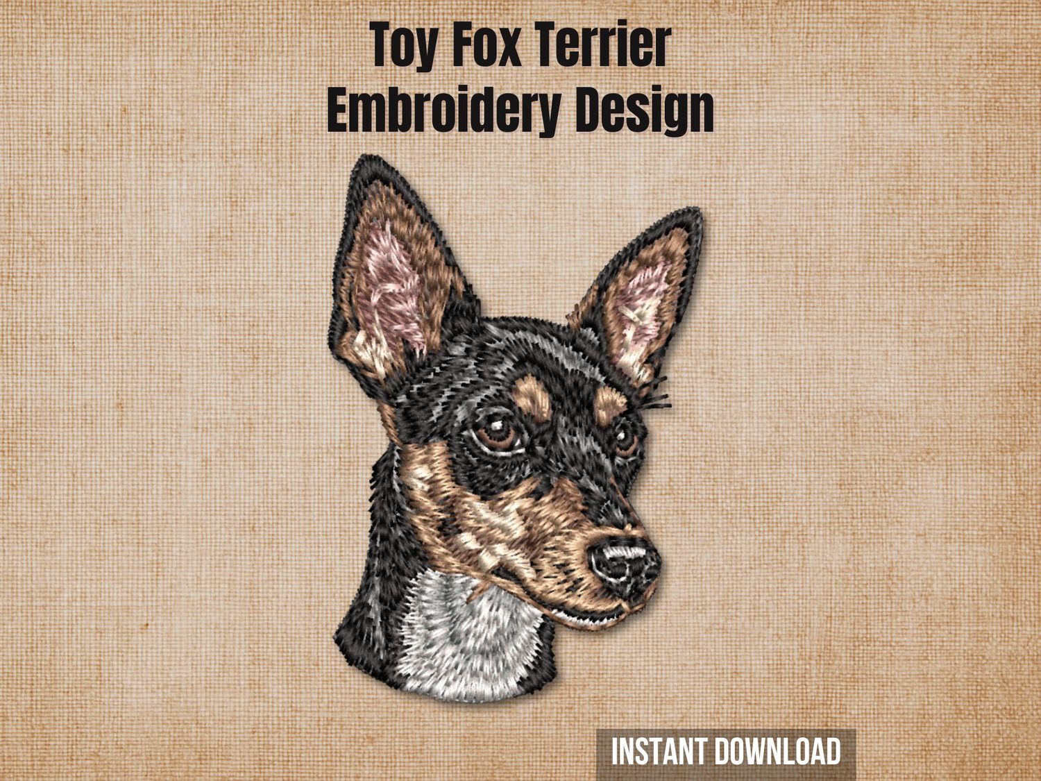 Toy Fox Terrier embroidery design, realistic machine embroidered portrait of a Toy Fox Terrier head, black, brown, and white colors.
