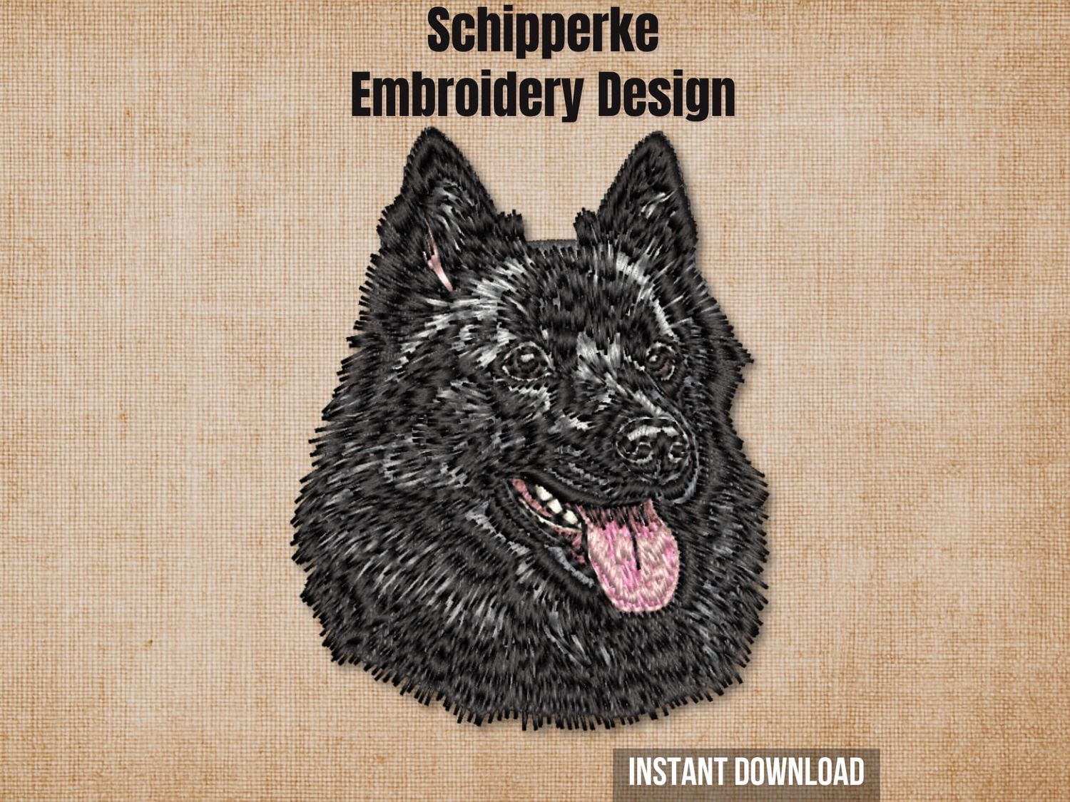 Cover graphic featuring a realistic Schipperke embroidery on a textured burlap background.