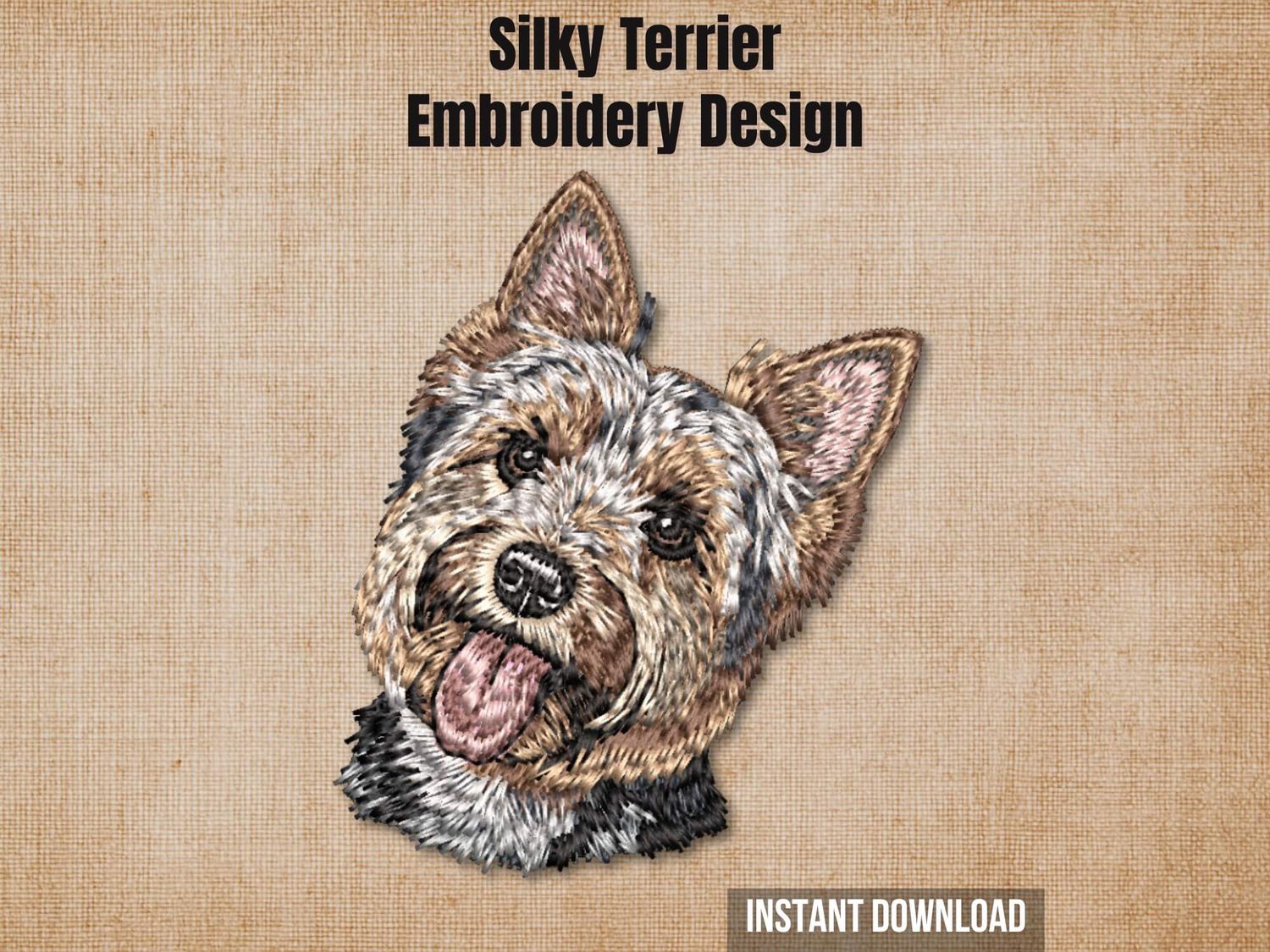 Graphic of a Silky Terrier embroidery design on tan fabric with 'Instant Download' text.