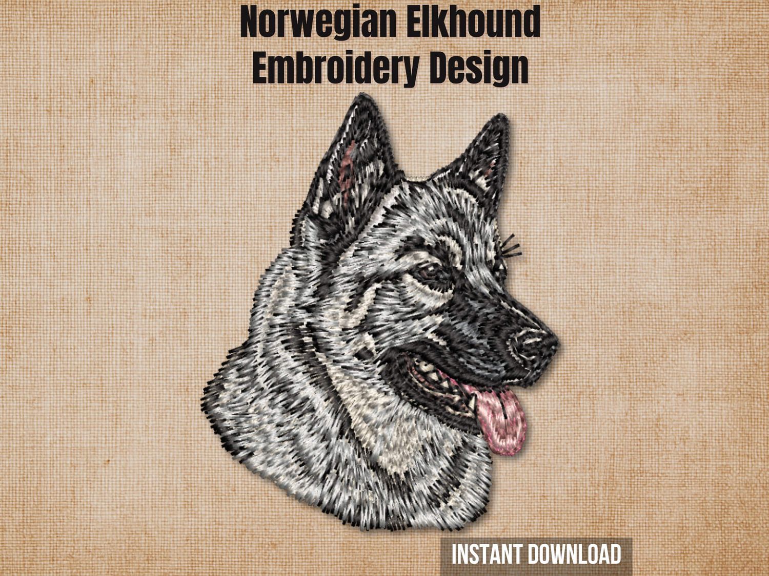 Textured natural burlap background highlighting the Norwegian Elkhound embroidery design with an instant download badge