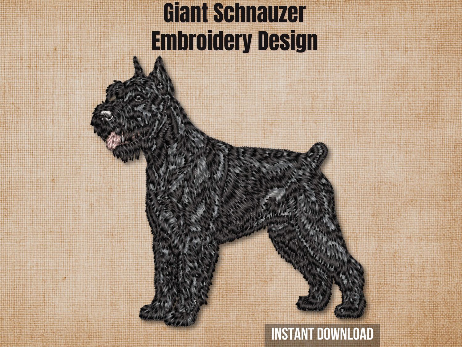 Textured natural burlap background highlighting the Giant Schnauzer embroidery design with an instant download badge