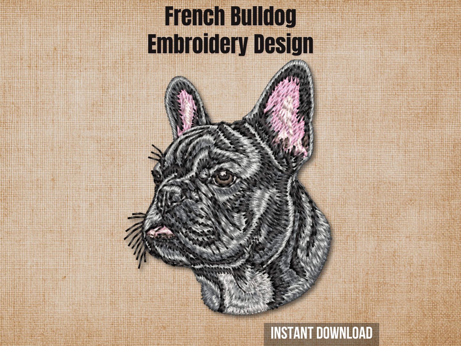 Graphic of a French Bulldog embroidery design on tan fabric with 'Instant Download' text.