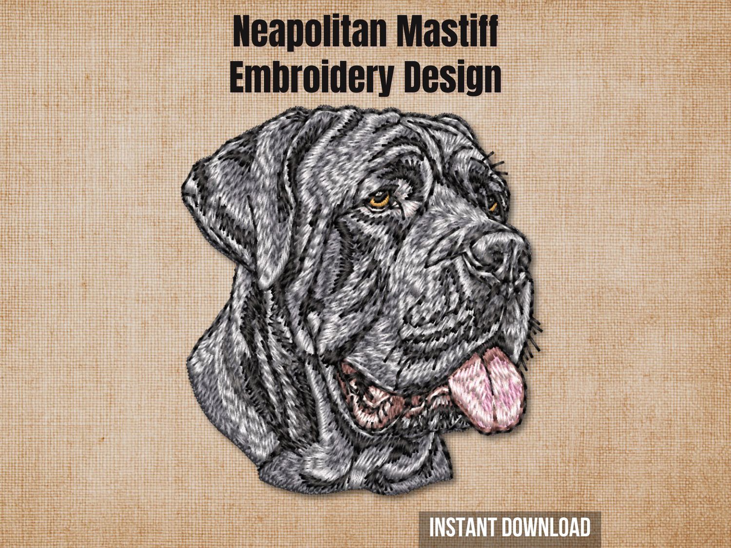 Neapolitan Mastiff embroidery design, realistic dog face portrait, black and gray with pink tongue and brown eyes on beige background.