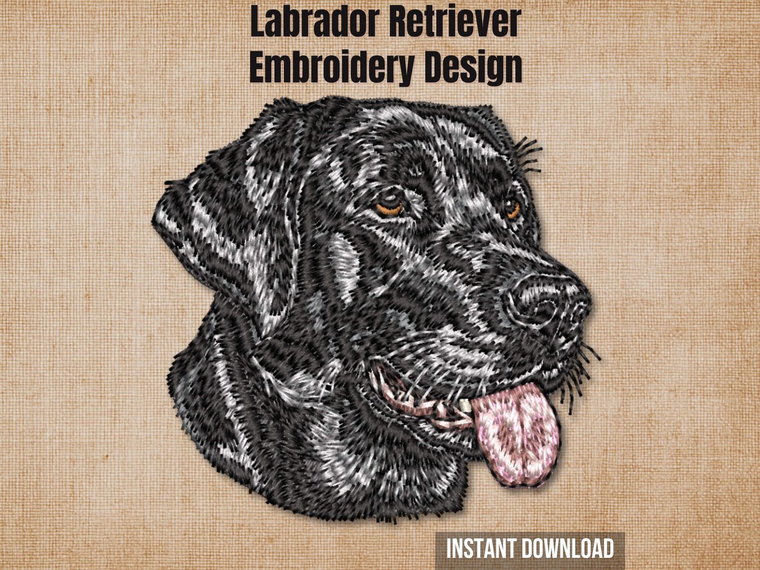Cover graphic featuring a realistic Black Labrador Retriever embroidery on a textured burlap background.
