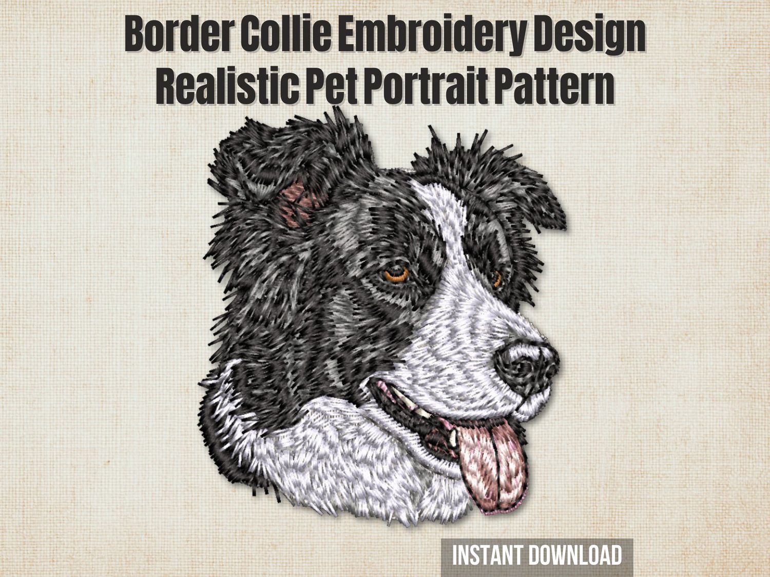 Embroidery of a Border Collie dog head in black, white, and gray thread with amber eyes and pink tongue on a beige fabric.