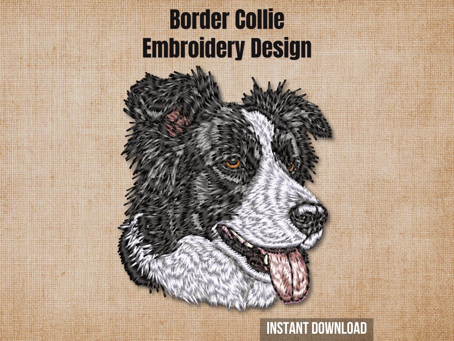 Border Collie embroidery design, black and white dog head with brown eyes and tongue out, realistic portrait on beige fabric.