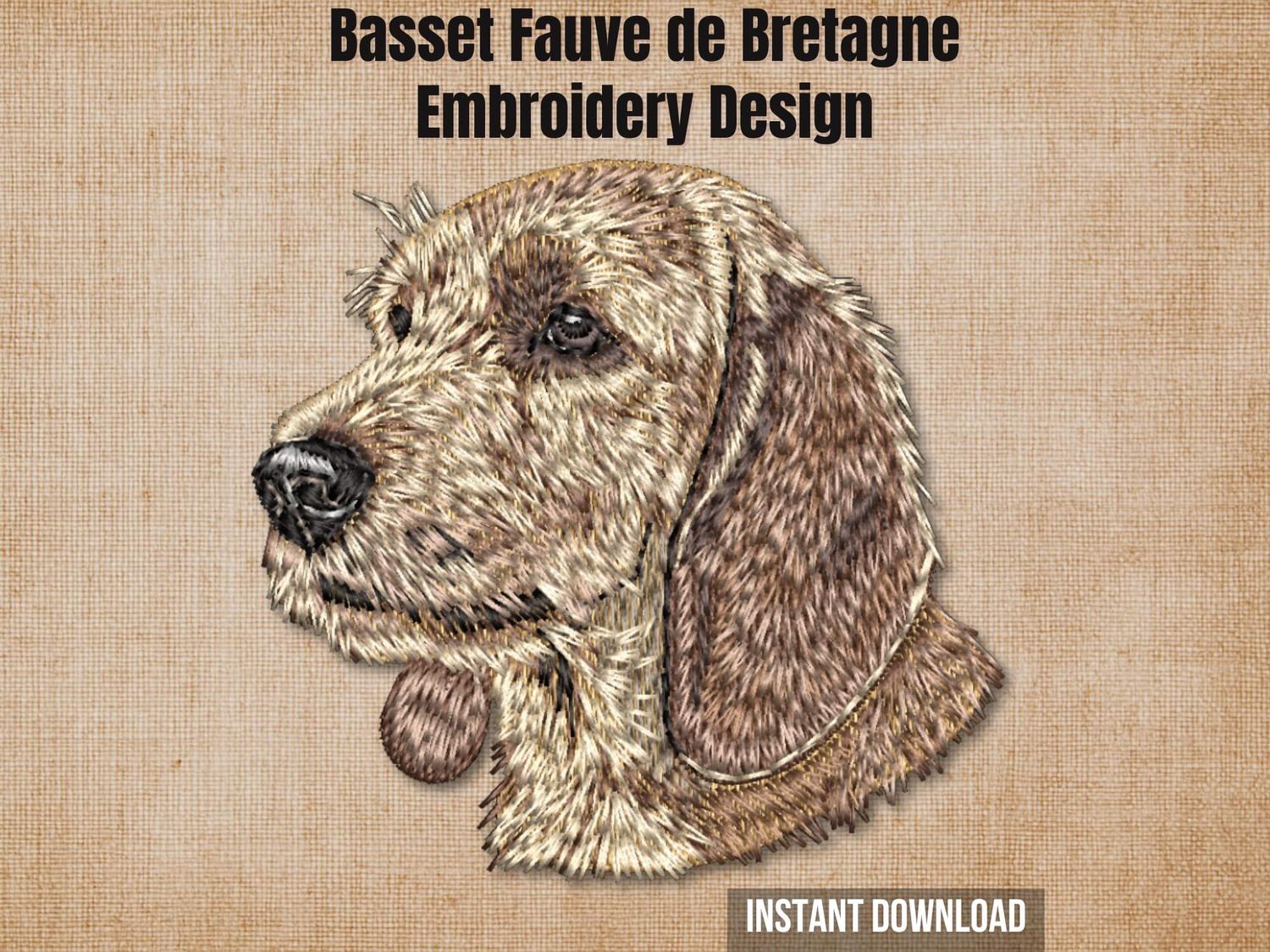 Textured natural burlap background highlighting the Basset Fauve de Bretagne embroidery design with an instant download badge