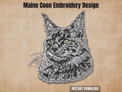 Maine Coon cat embroidery design, black and white, green eyes, realistic portrait on beige background, showcasing long fur and distinctive facial features.