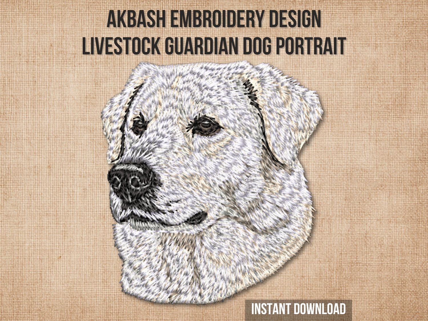 Realistic embroidery of an Akbash head in white, gray, and black thread with detailed fur texture and calm, expressive eyes.