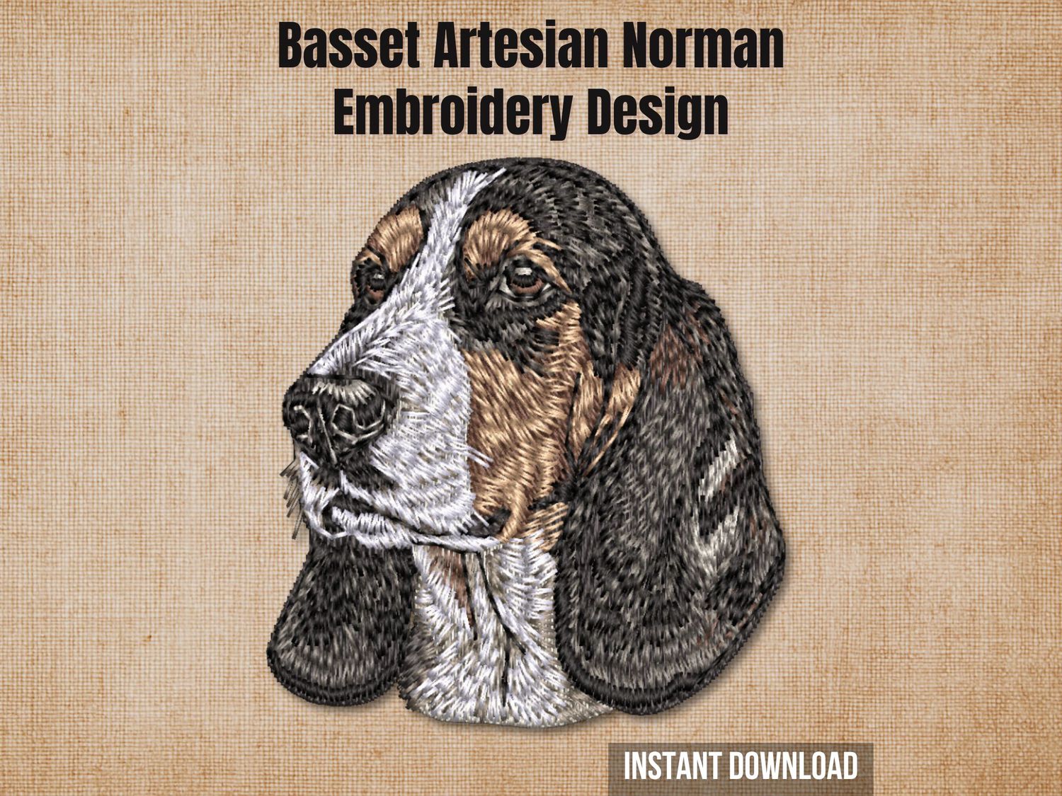 Basset Artesian Norman embroidery design, realistic dog head portrait in brown, black, and white colors, machine embroidered design for clothing and accessories.
