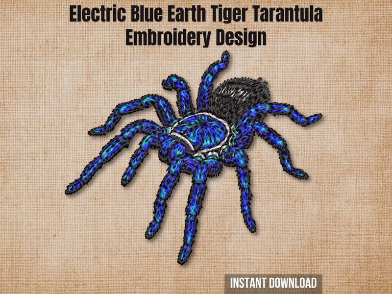 Graphic of an Electric Blue Tarantula embroidery design on tan fabric with text.