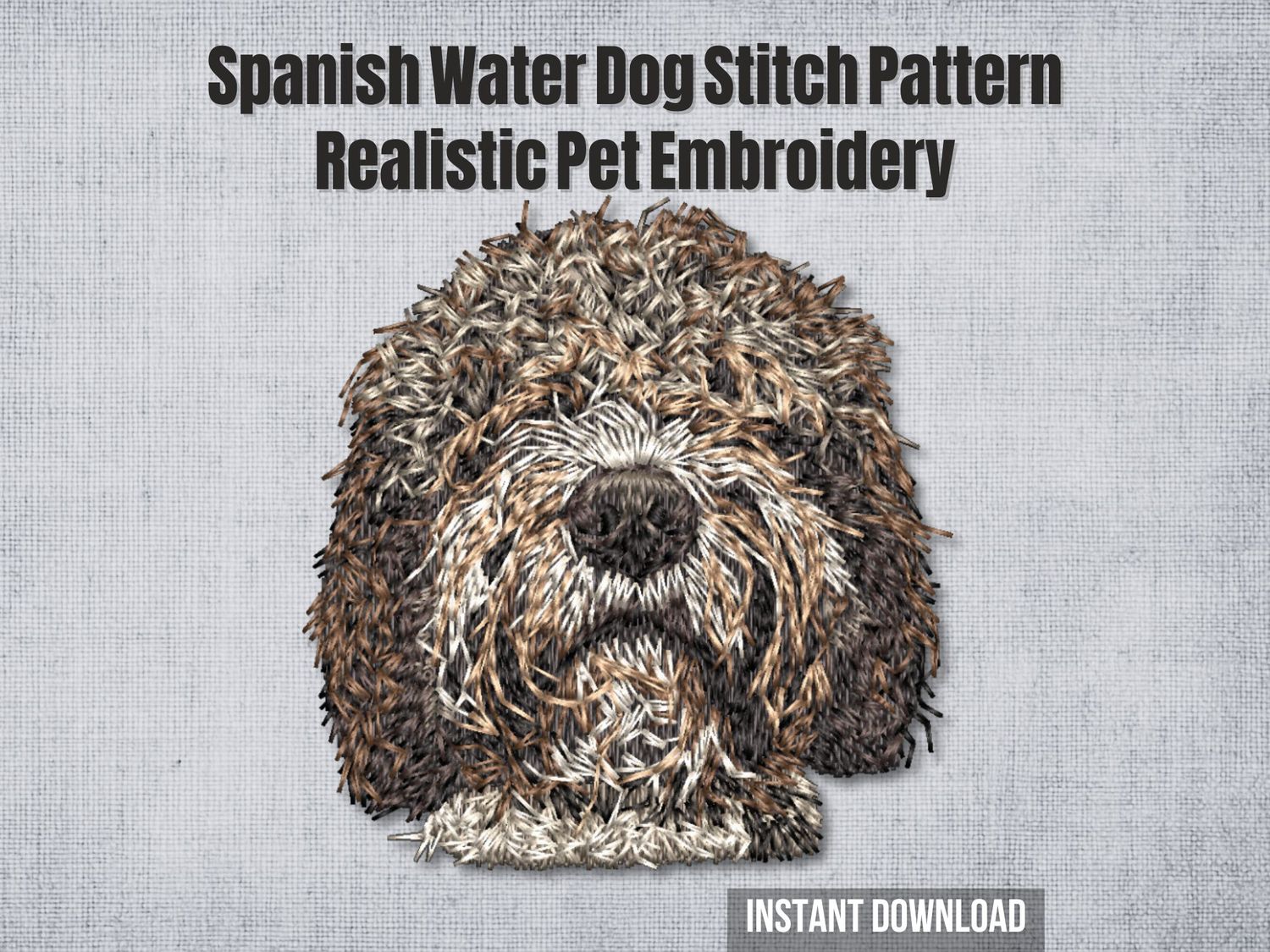 Brown, cream, and gray thread embroidery of a Spanish Water Dog with curly fur and dark nose on a light fabric background.