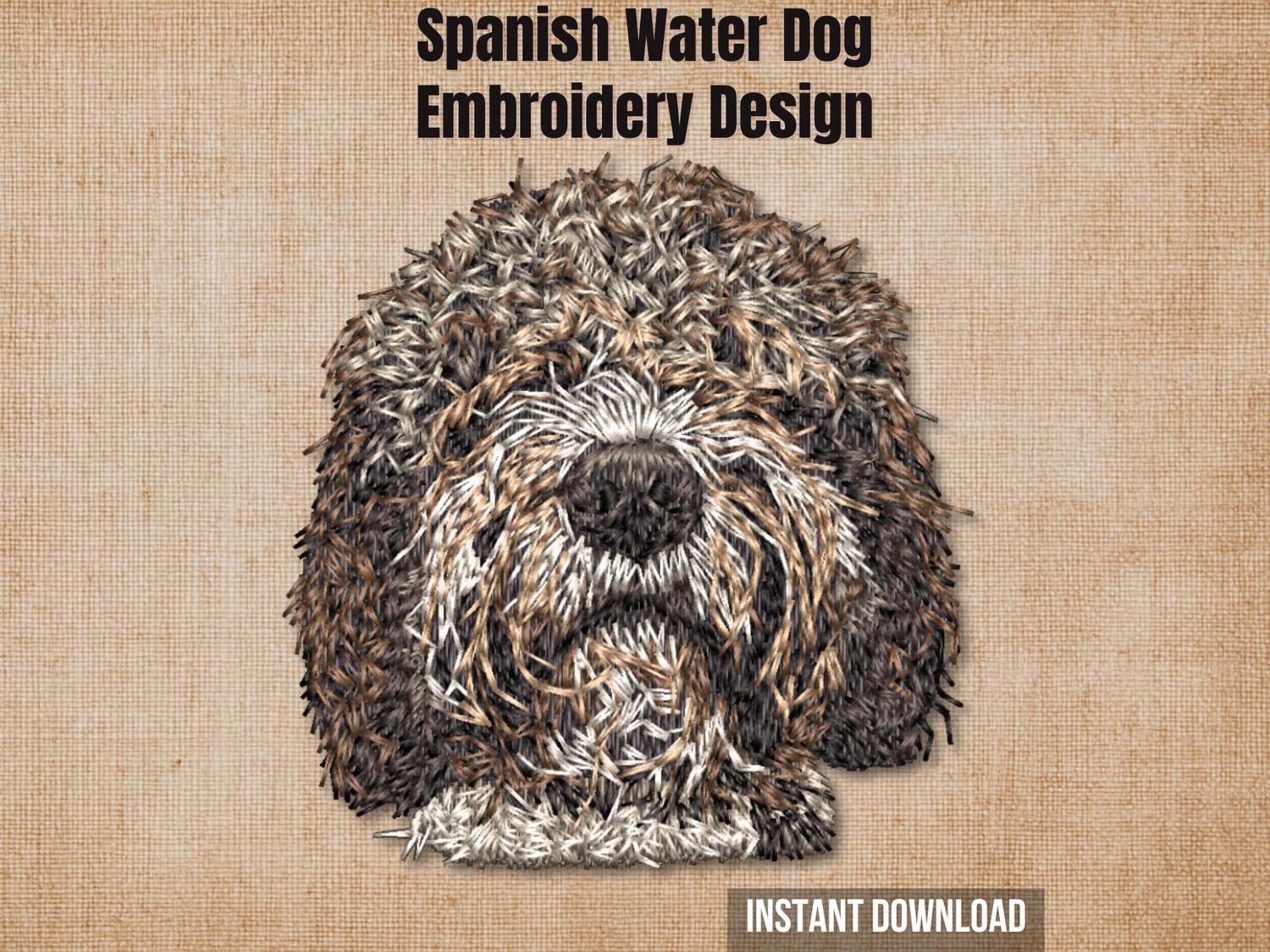 Textured natural burlap background highlighting the Spanish Water Dog embroidery design with an instant download badge