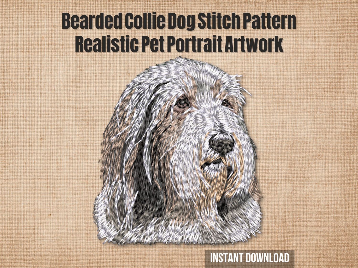Gray, white, and brown thread embroidery of a Bearded Collie with long fur and soft expression on a light fabric background.