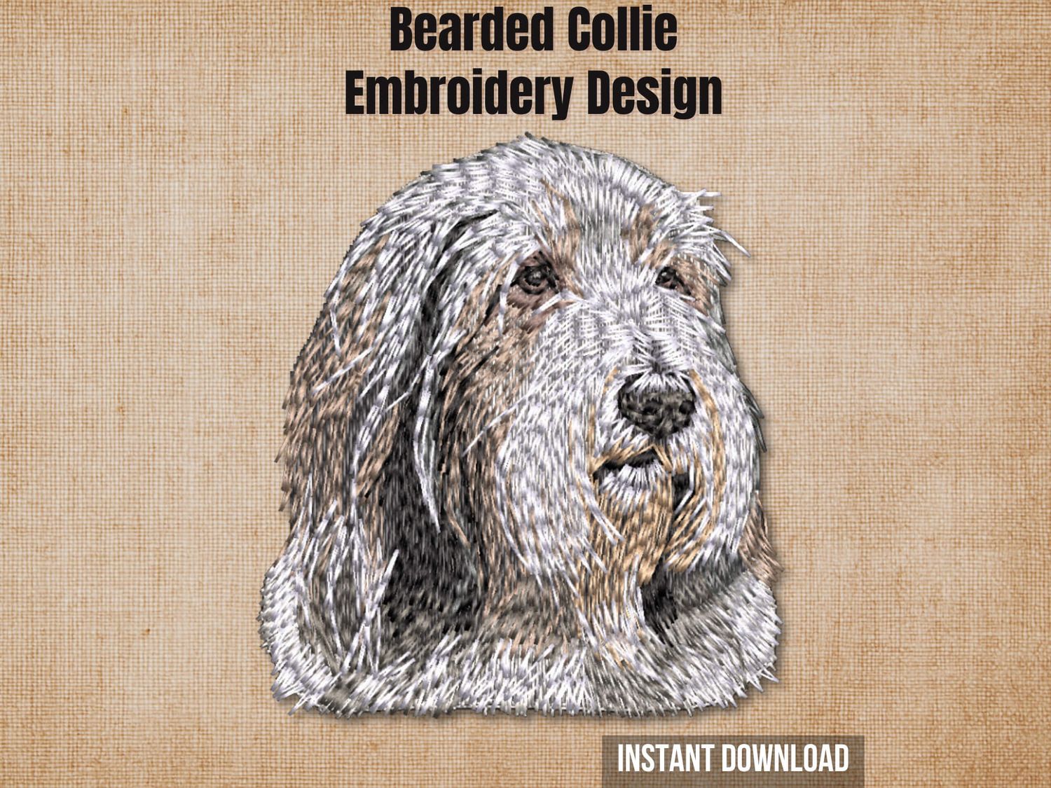 Etsy listing cover graphic featuring the Bearded Collie embroidery on a textured burlap background.