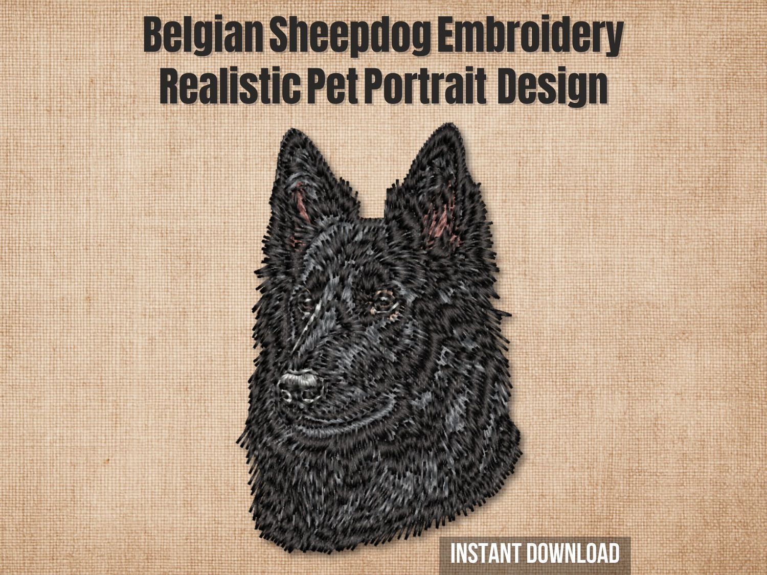 Detailed embroidery of a Belgian Sheepdog with black fur and upright ears, stitched on light fabric with realistic texture.
