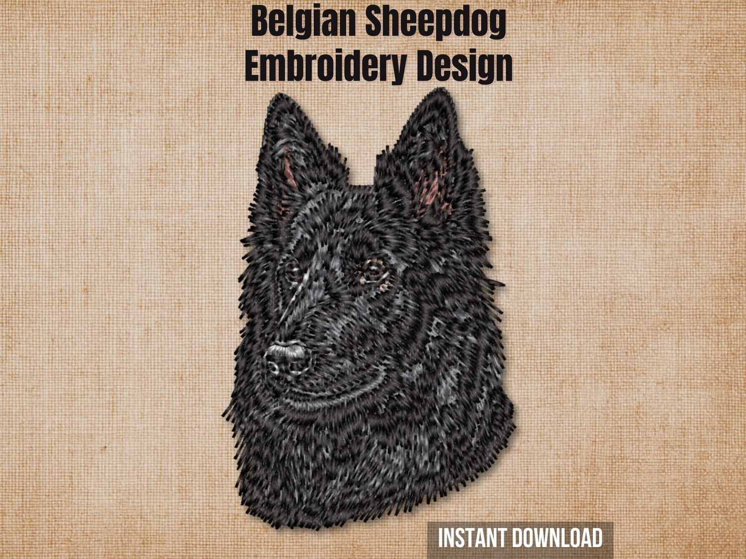 Etsy listing cover graphic featuring the Belgian Sheepdog embroidery on a textured burlap background.