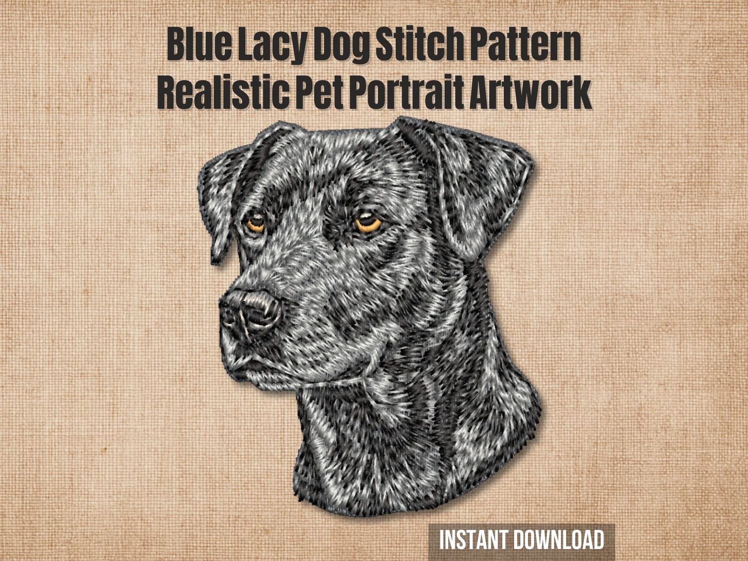 Gray and black thread embroidery of a Blue Lacy dog head with golden eyes and short fur on a light textured fabric background