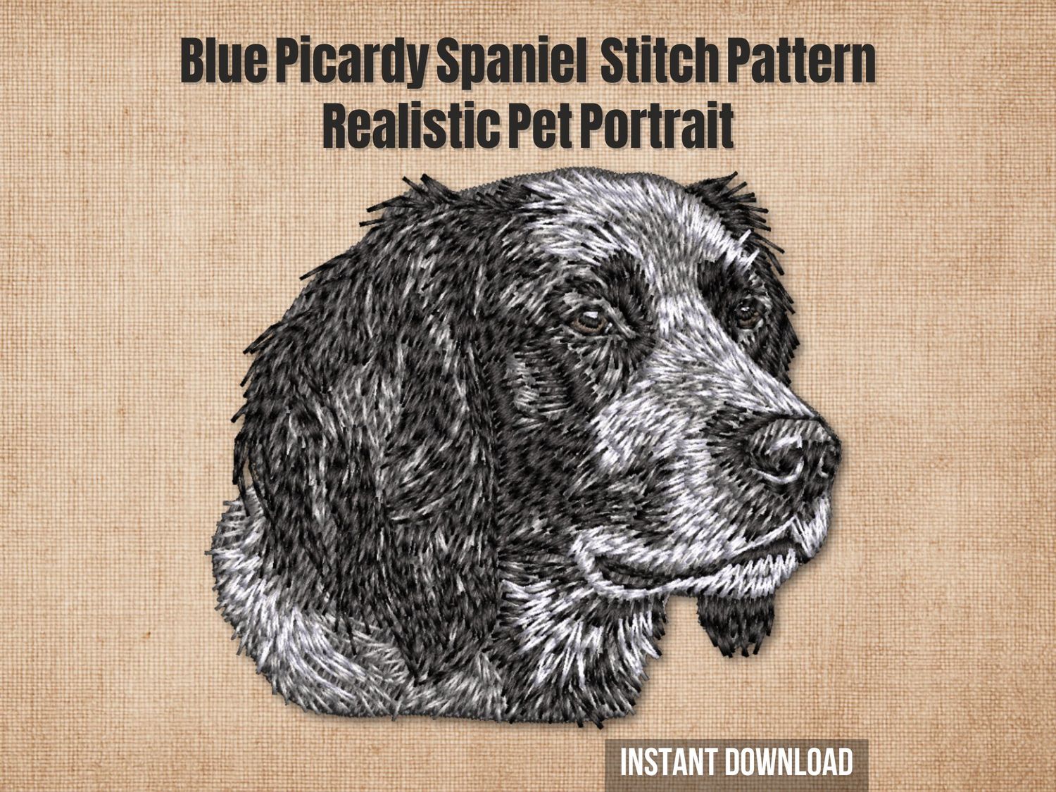 Black, gray, and white thread embroidery of a Blue Picardy Spaniel with long fur and soft eyes on beige fabric background.