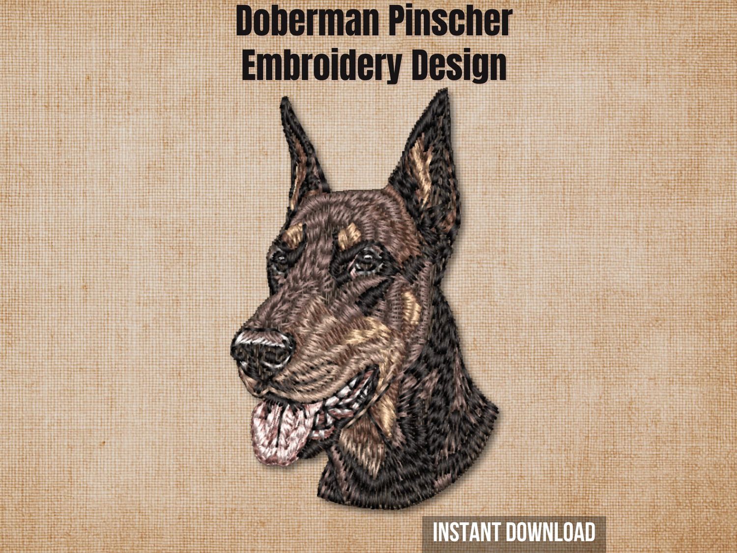 Etsy listing cover graphic featuring the Doberman Pinscher embroidery on a textured burlap background.