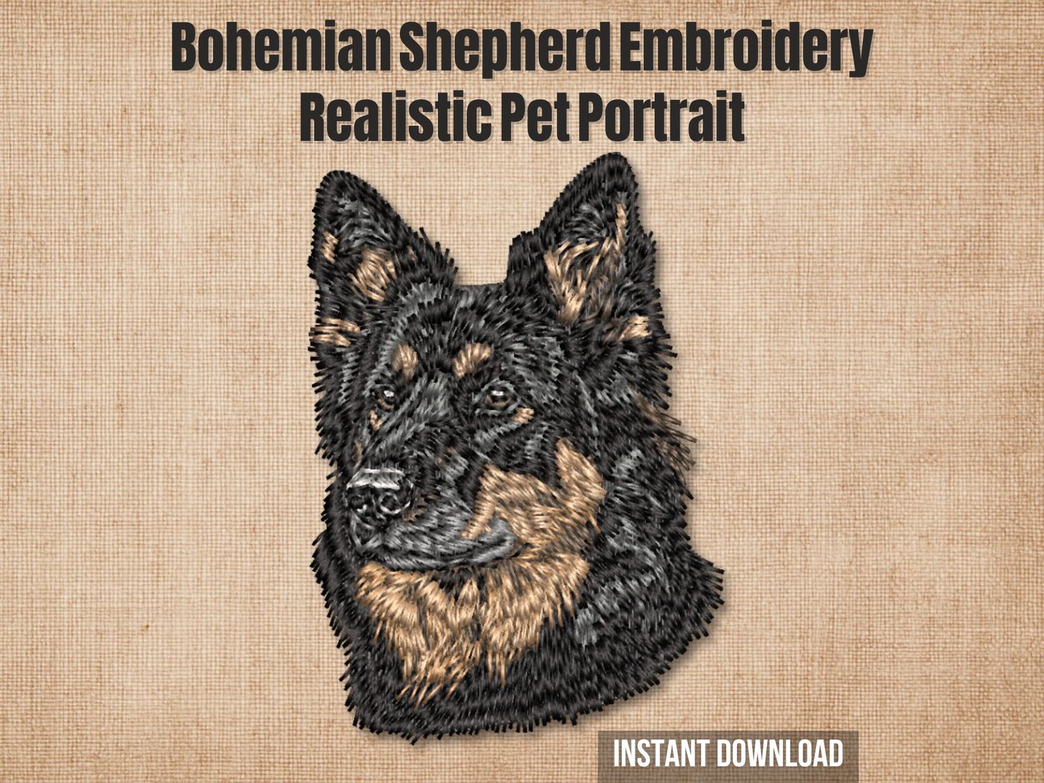 Detailed embroidery of a Bohemian Shepherd with black and tan fur, stitched on beige fabric with realistic texture.
