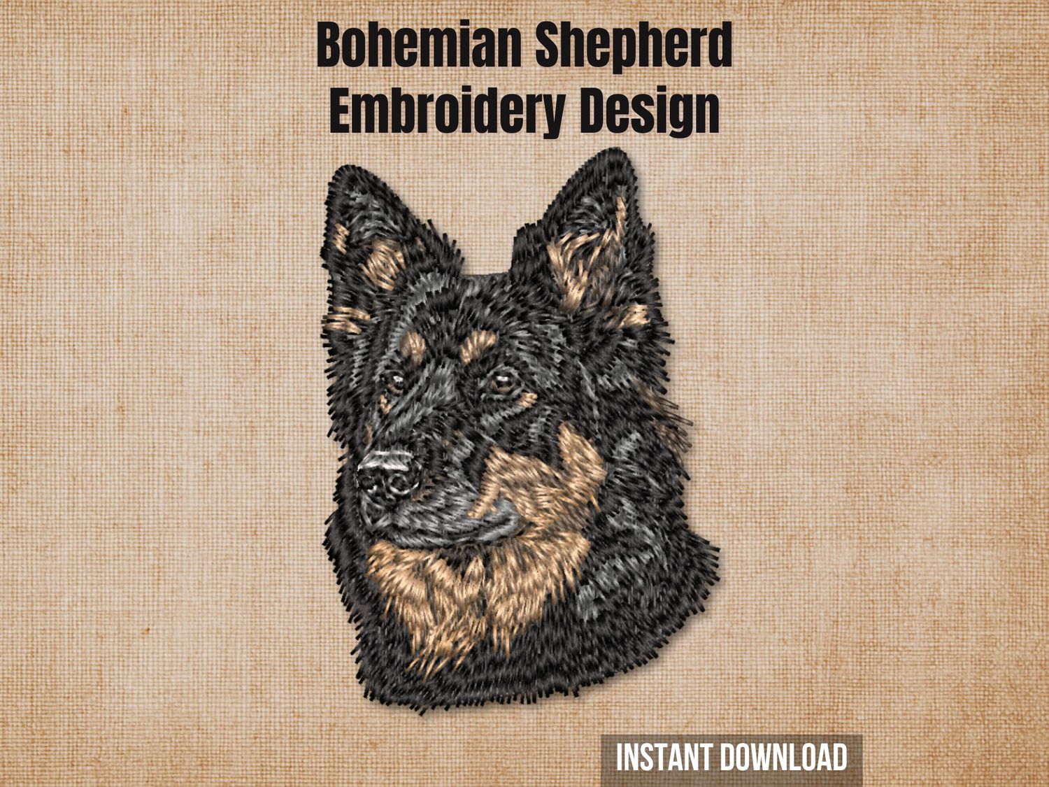 Bohemian Shepherd embroidery design, black and tan dog face, realistic machine embroidery, Czech working dog breed, alert expression, warm faithful eyes.