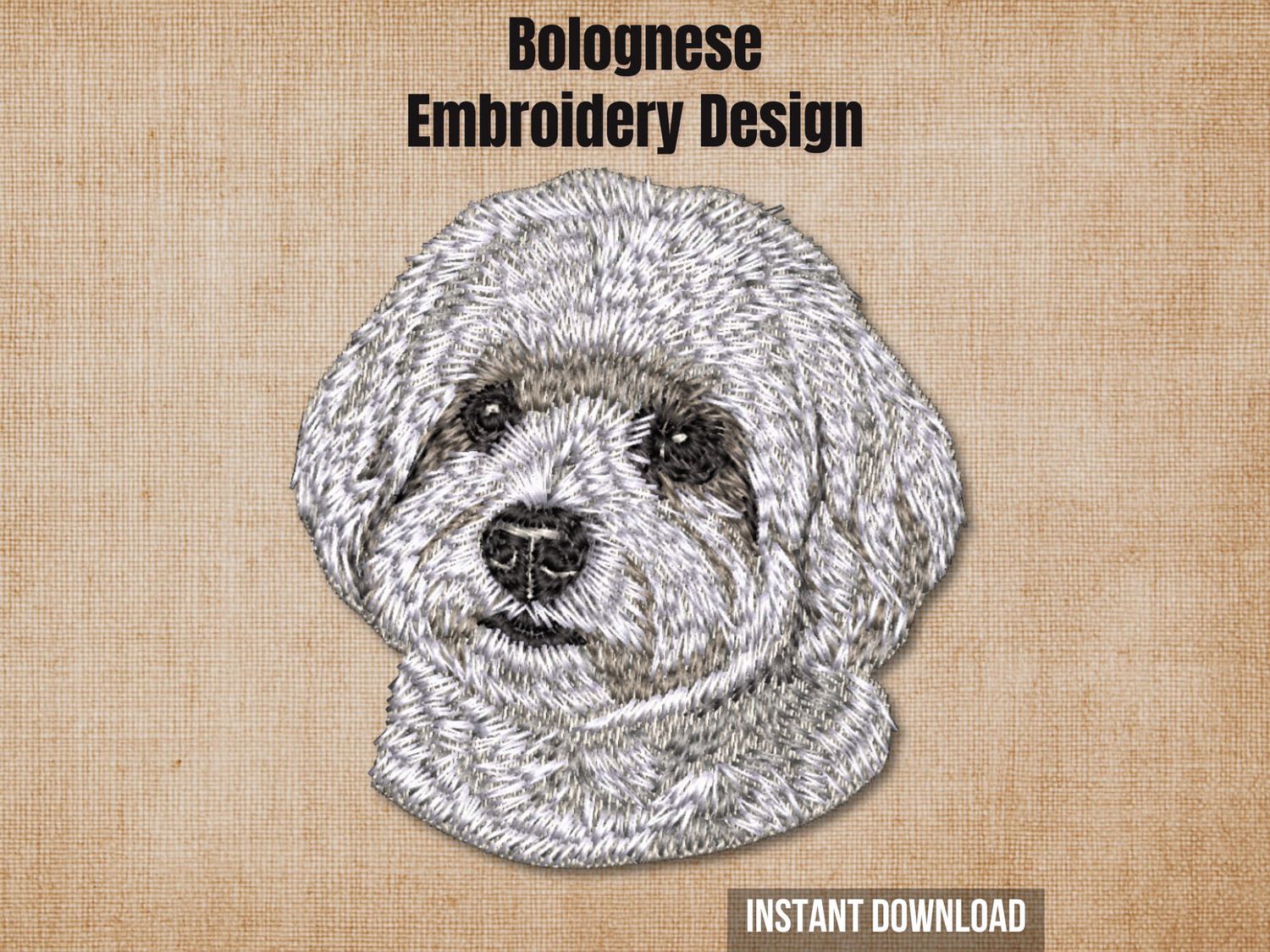 Graphic of a Bolognese embroidery design on tan fabric with 'Instant Download' text.