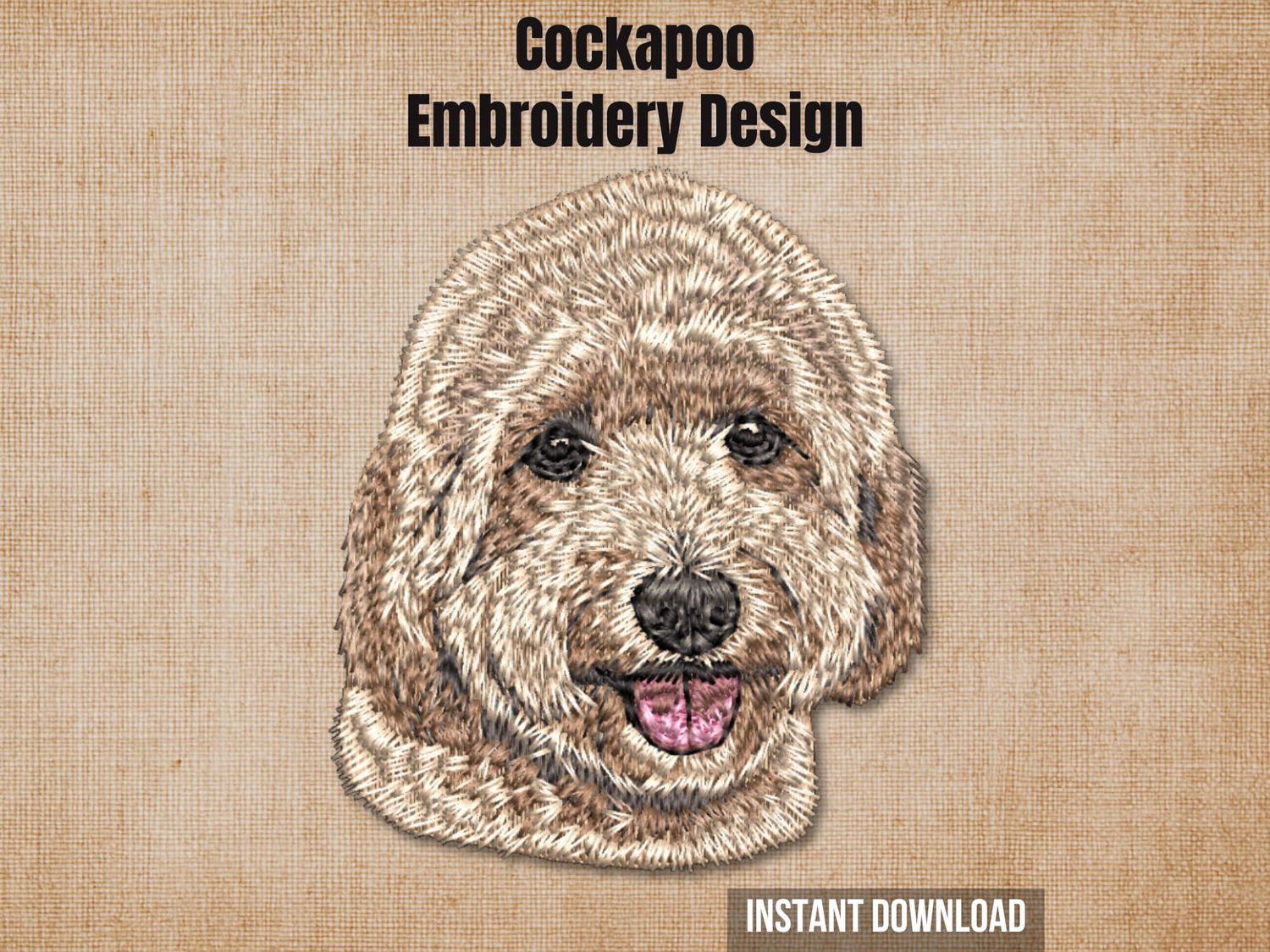 Graphic of a Cockapoo embroidery design on tan fabric with 'Instant Download' text.