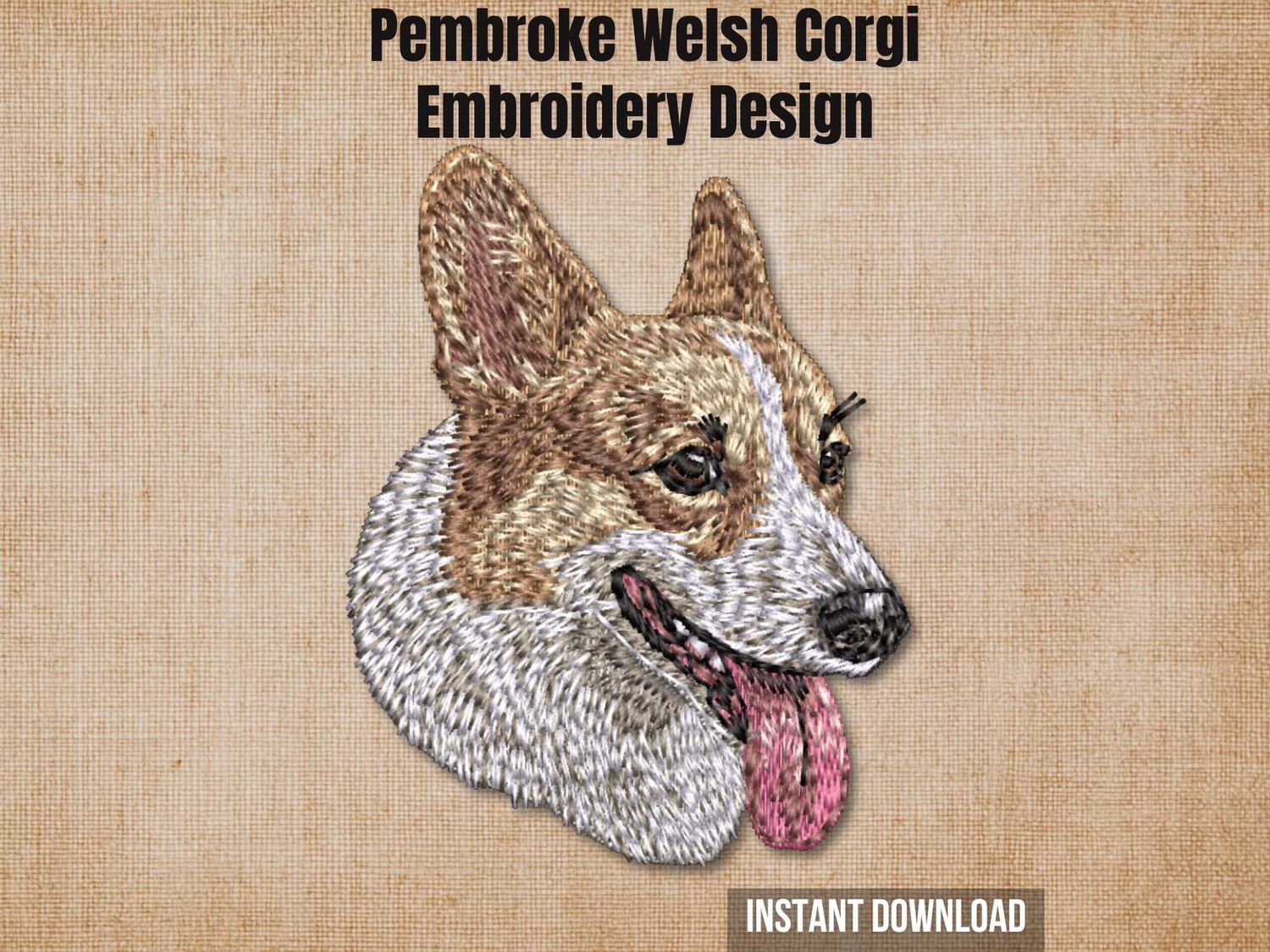 Etsy listing cover graphic featuring the Pembroke Welsh Corgi embroidery on a textured burlap background.