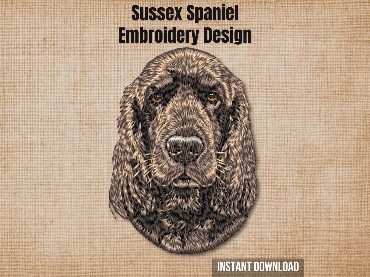 Sussex Spaniel embroidery design preview card on a beige background with instant download text.