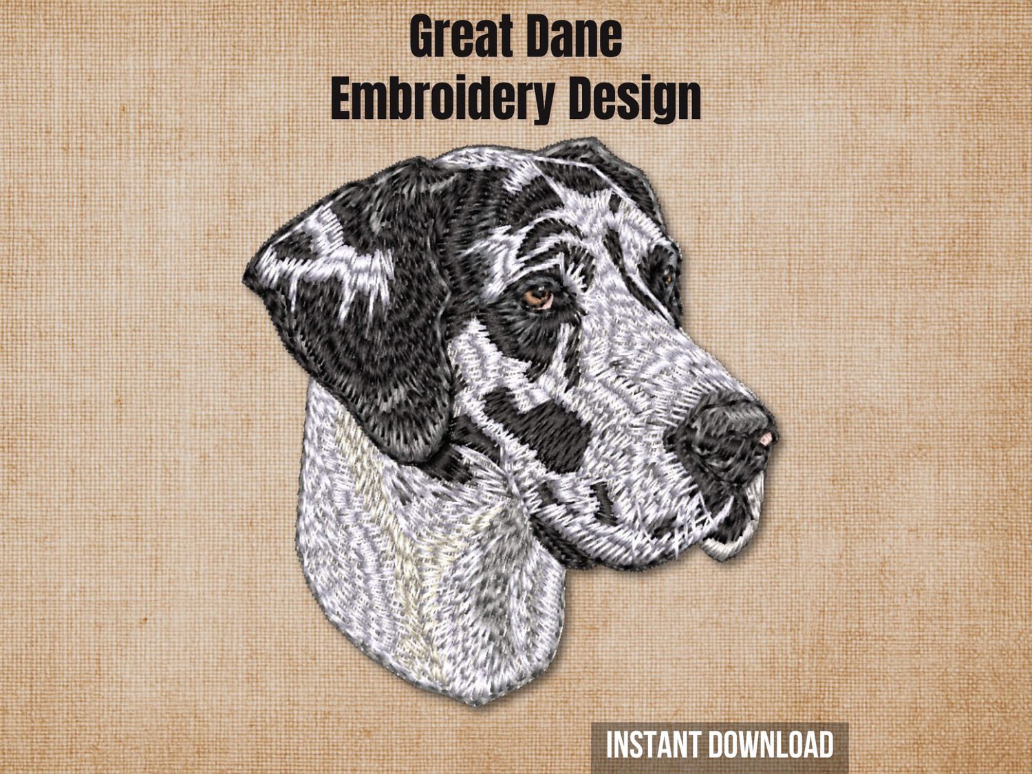 Great Dane embroidery design preview card on a beige background with instant download text.