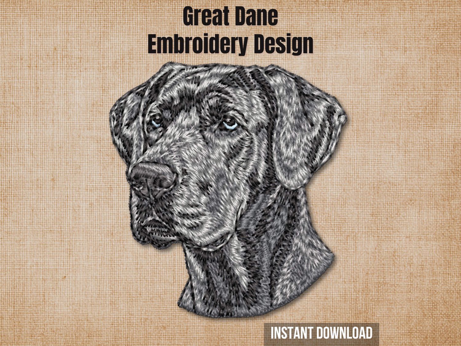 Blue Great Dane embroidery design preview card on a beige background with instant download text.