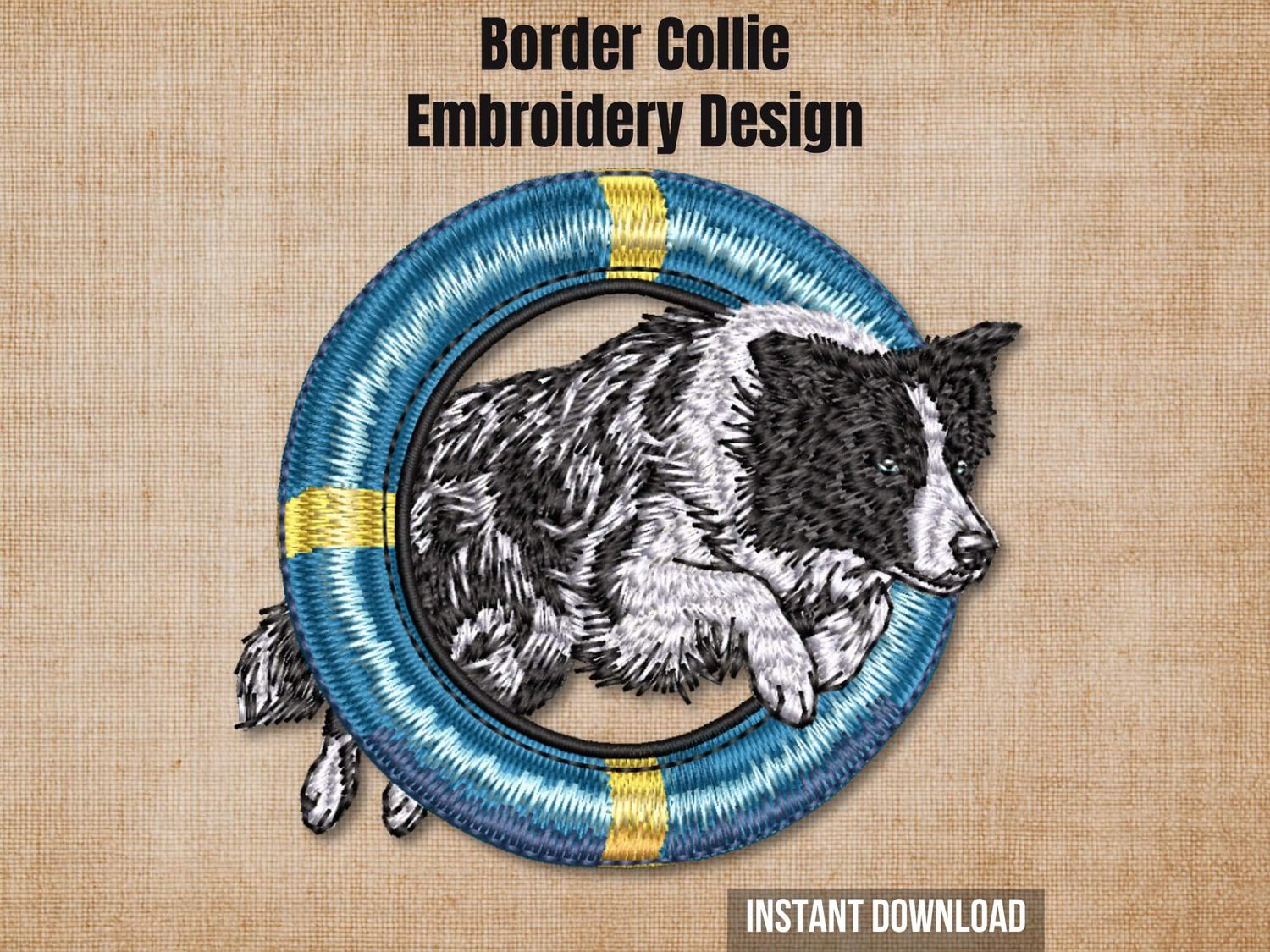 Border Collie agility hoop embroidery design preview card on beige with instant download text.