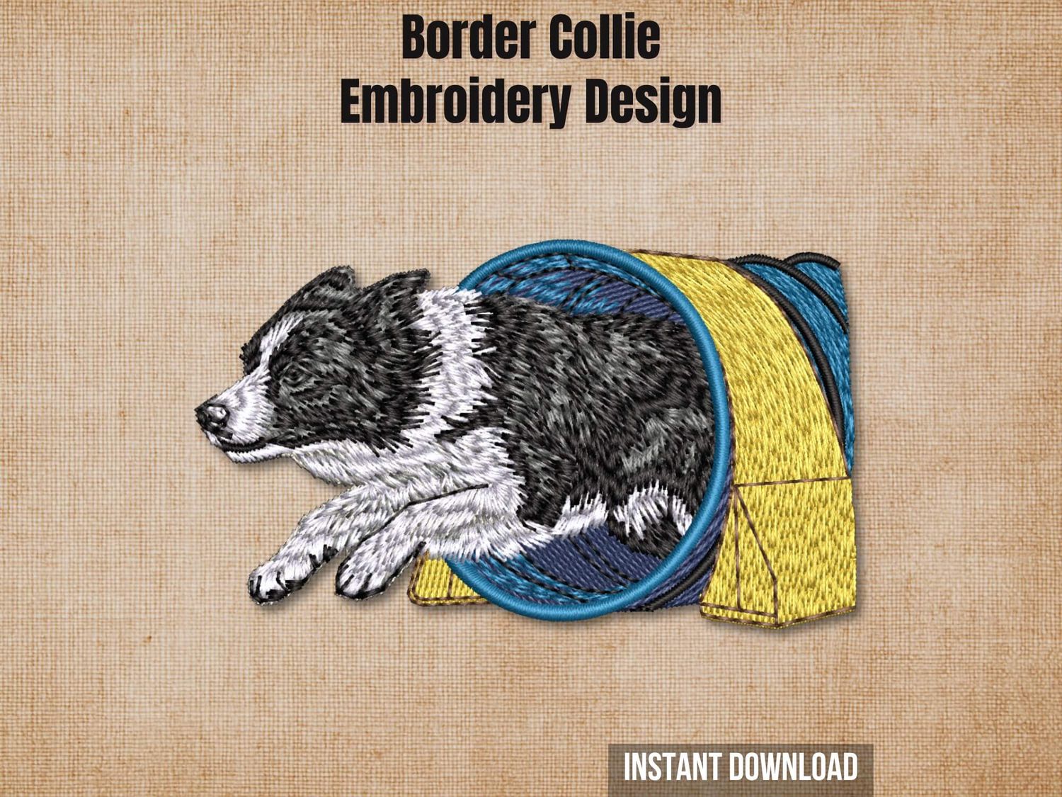Border Collie agility tunnel embroidery design preview card on beige with instant download text.