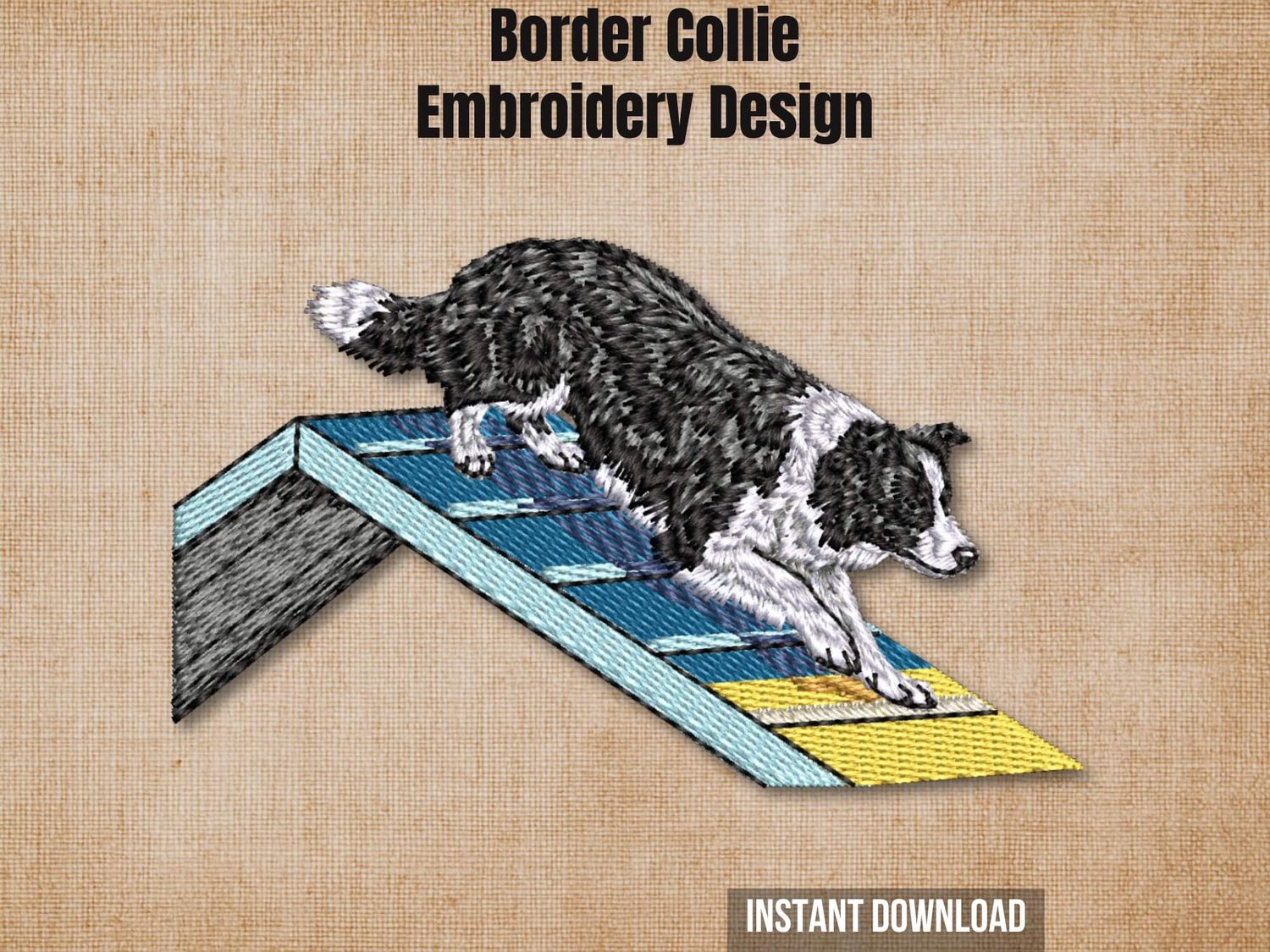 Etsy listing cover graphic featuring the Border Collie A-Frame agility embroidery on a textured burlap background.