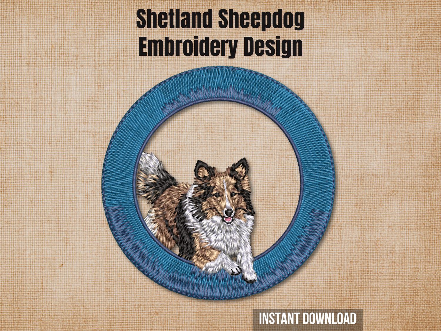 Shetland Sheepdog embroidery design, blue hoop, dog running, brown, white, and black colors, agility theme.