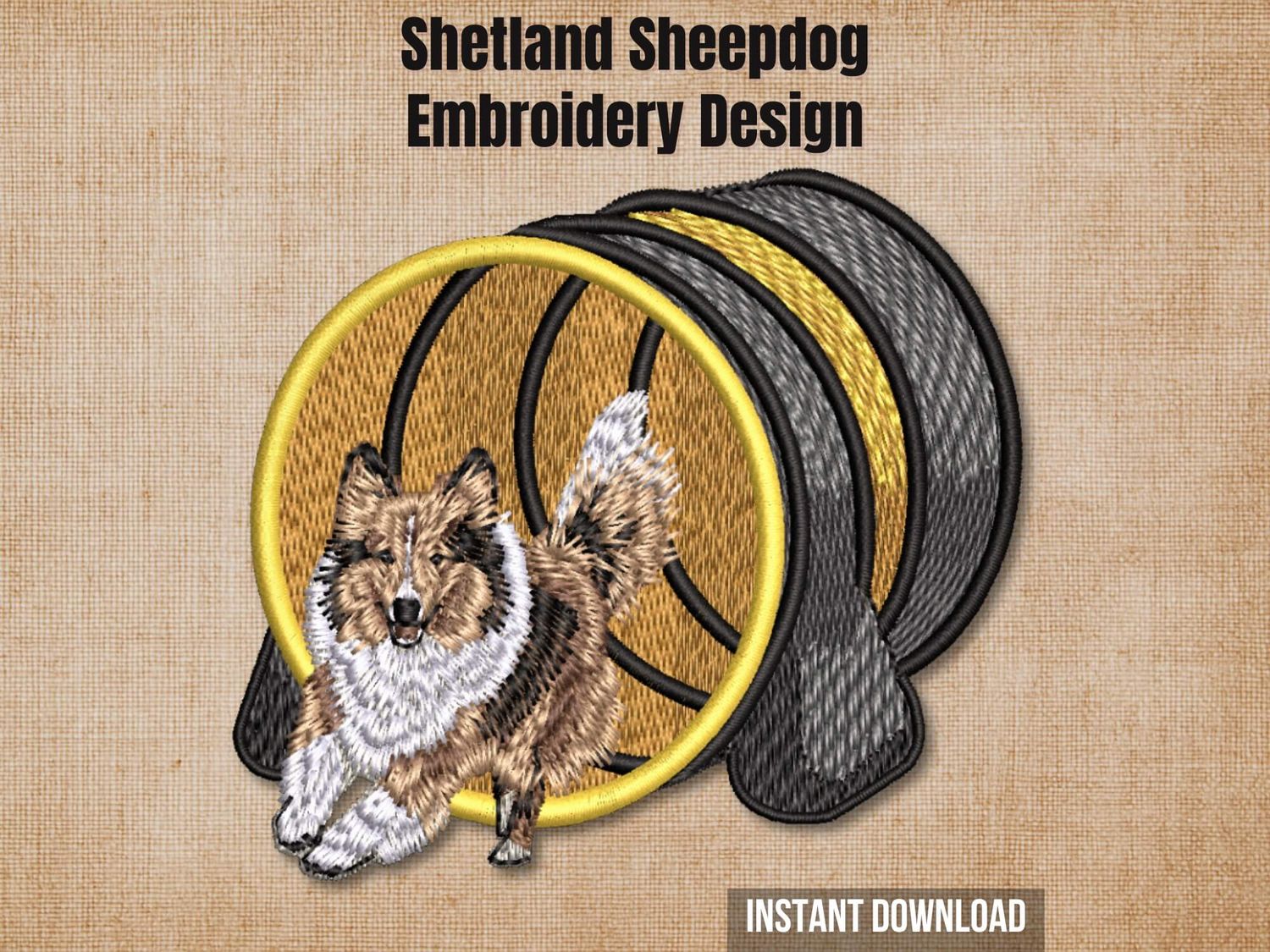 Shetland Sheepdog agility tunnel embroidery design preview card on beige with instant download.
