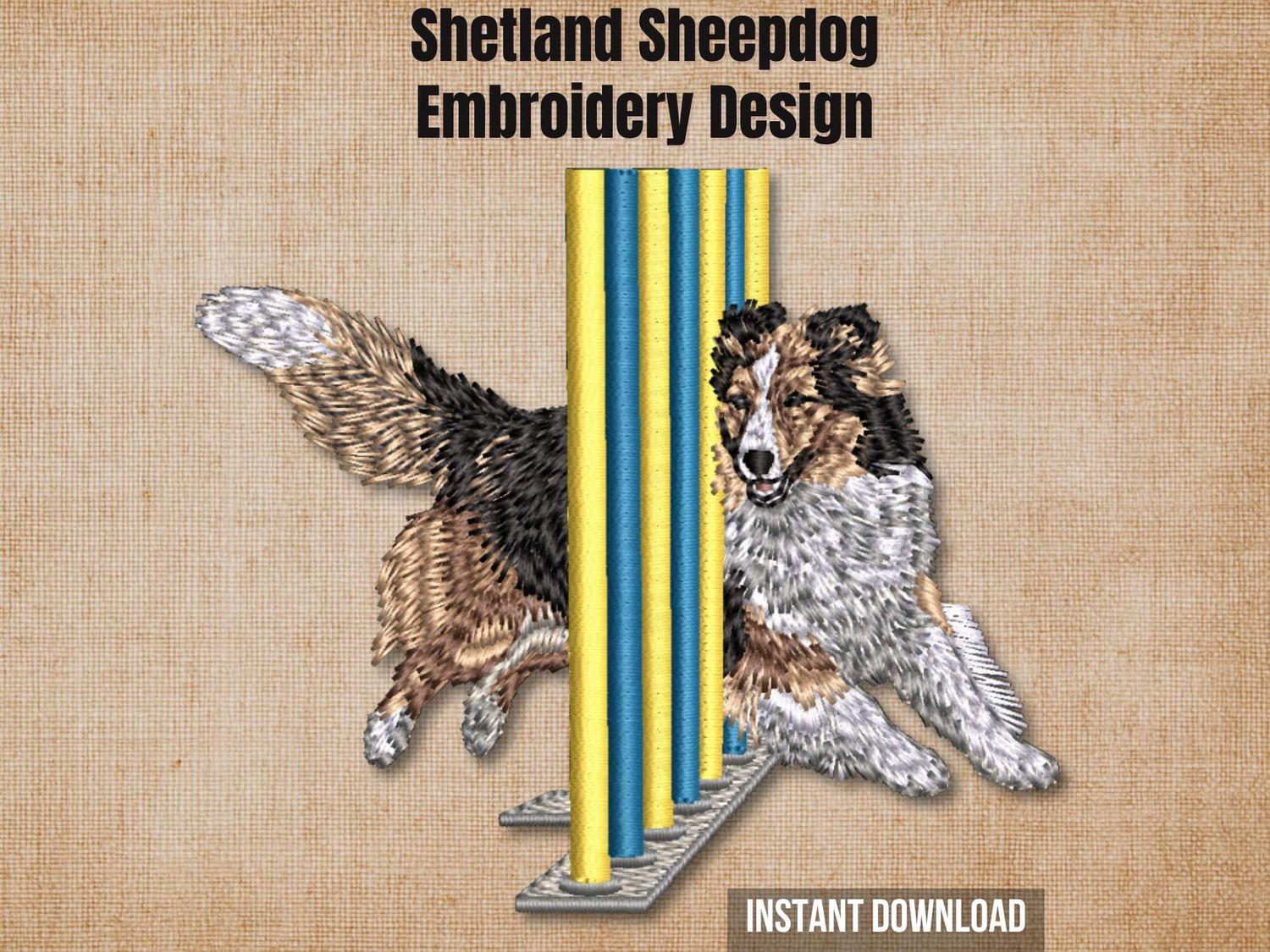 Cover graphic featuring the Shetland Sheepdog agility embroidery on a textured burlap background.