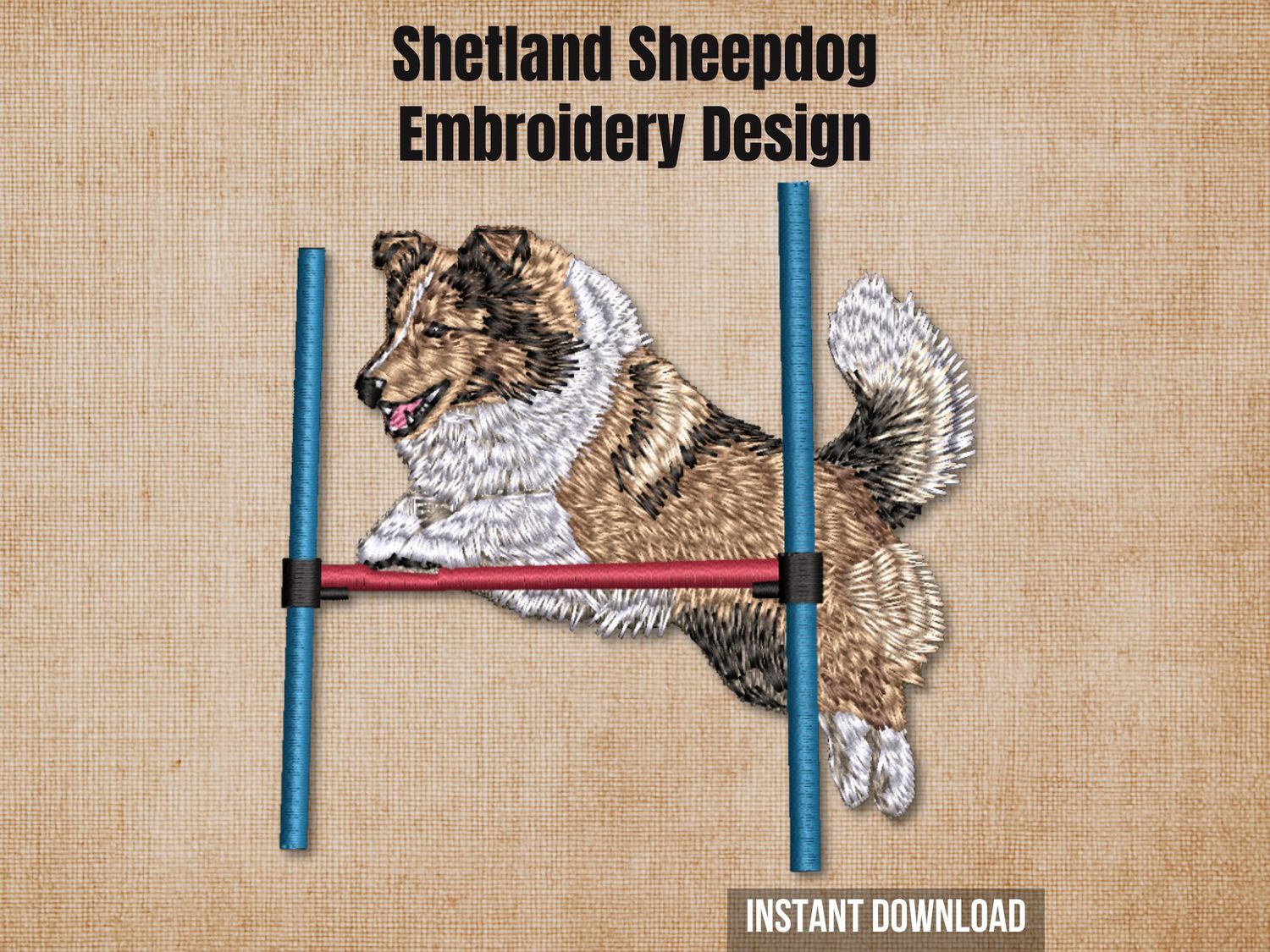 Shetland Sheepdog embroidery design, dog jumping over hurdle, agility theme, brown and white fur, dynamic movement.