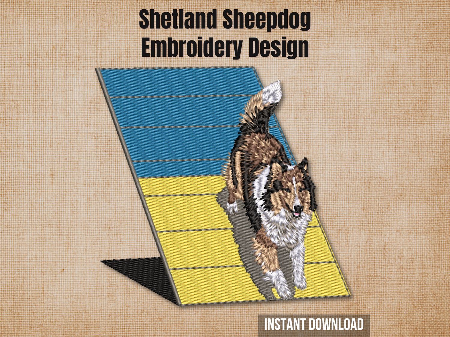 Shetland Sheepdog embroidery design, tri-color dog on yellow and blue agility ramp, 100mm x 100mm, multi-colored, dynamic agility pose.