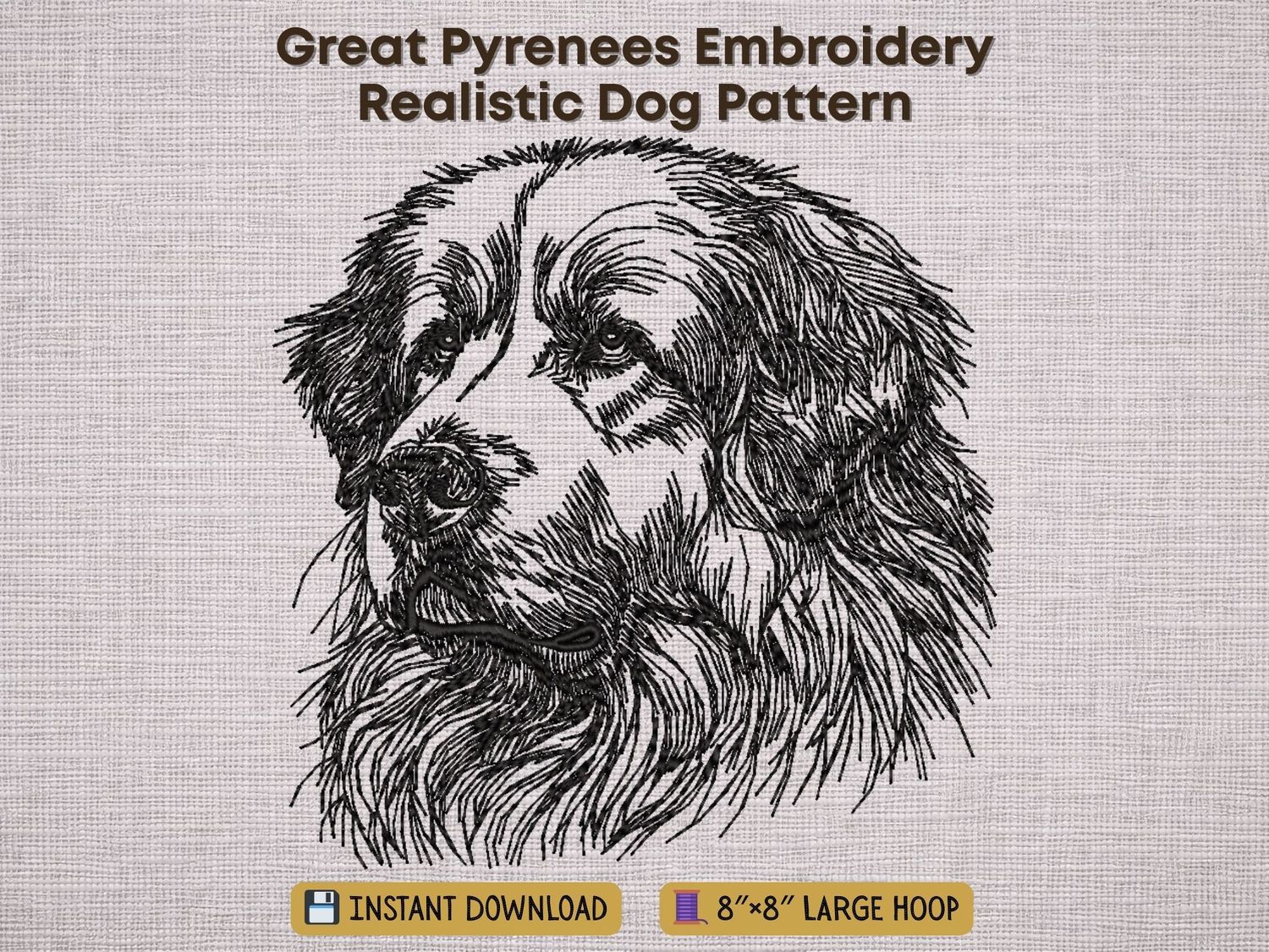 Great Pyrenees embroidery, realistic black line art, detailed thick fur texture, dog portrait, machine stitch pattern.