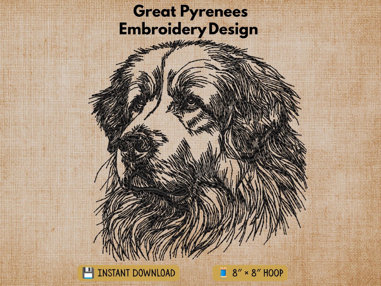 Cover graphic with burlap background highlighting the "8" x 8" Hoop" sizing for the Great Pyrenees design.