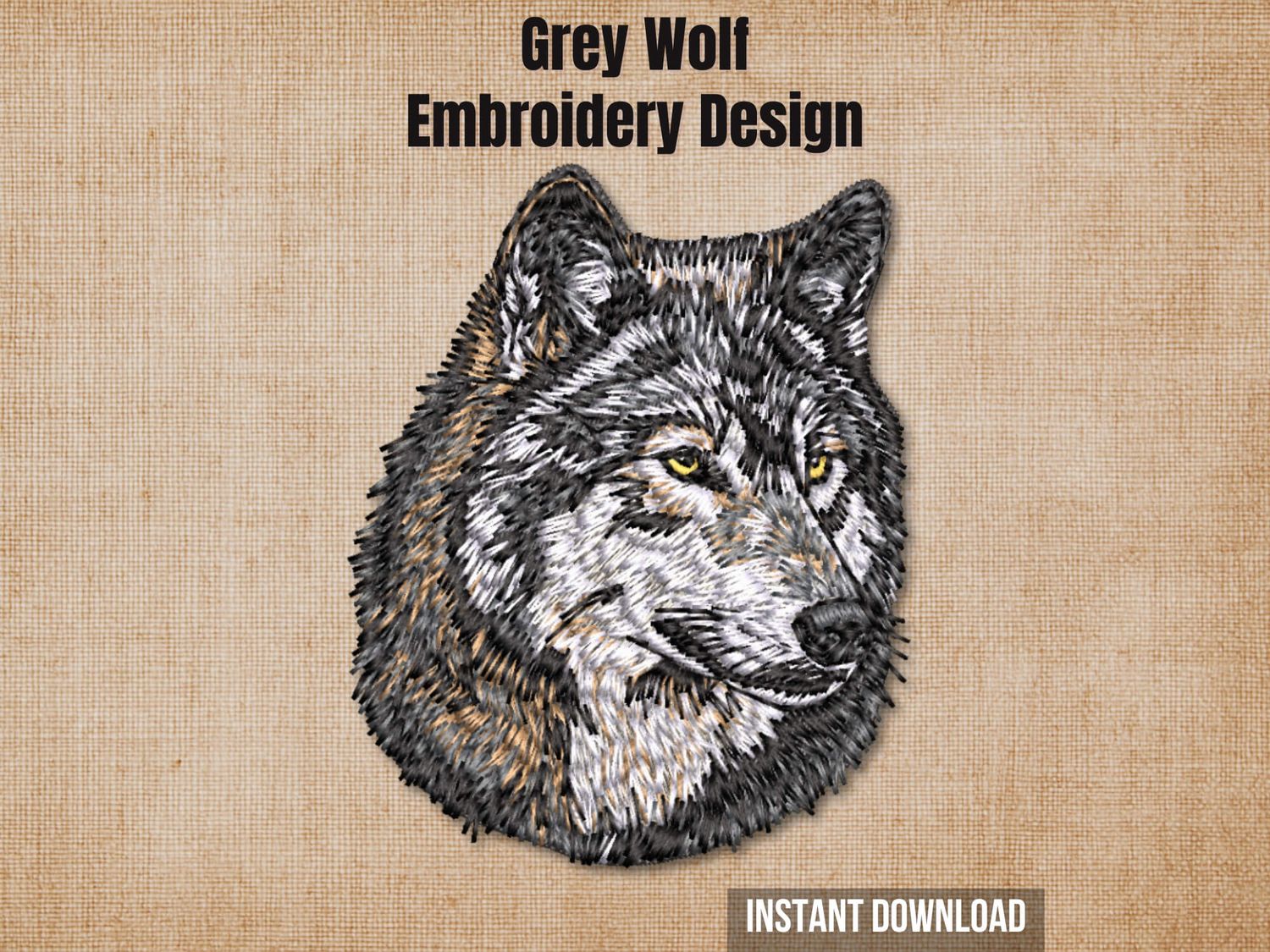 Grey Wolf embroidery design preview card on a beige background with instant download text.